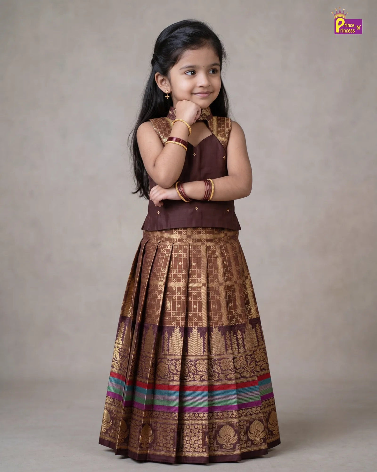 Girls Pattu Pavadai Set - Copper Brown Cutout Halter Top with Skirt PPP2176 for kids festival wear