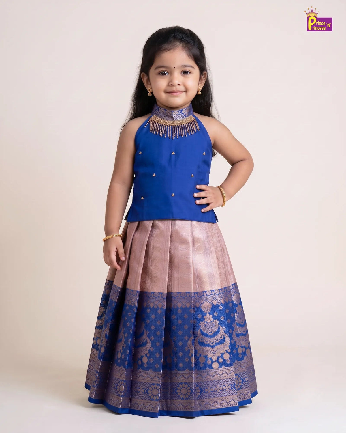 Girls Pattu Pavadai Set - Royal Blue Top with Blush Gold Zari Skirt PPP2171 for kids festival wear