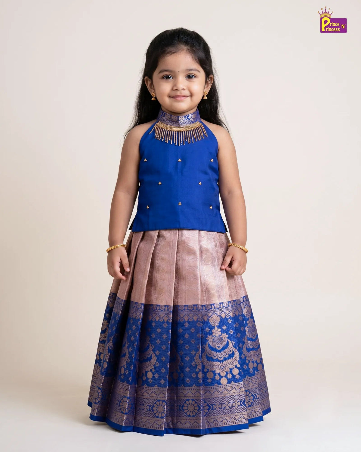 Girls Pattu Pavadai Set - Royal Blue Top with Blush Gold Zari Skirt PPP2171 for kids festival wear