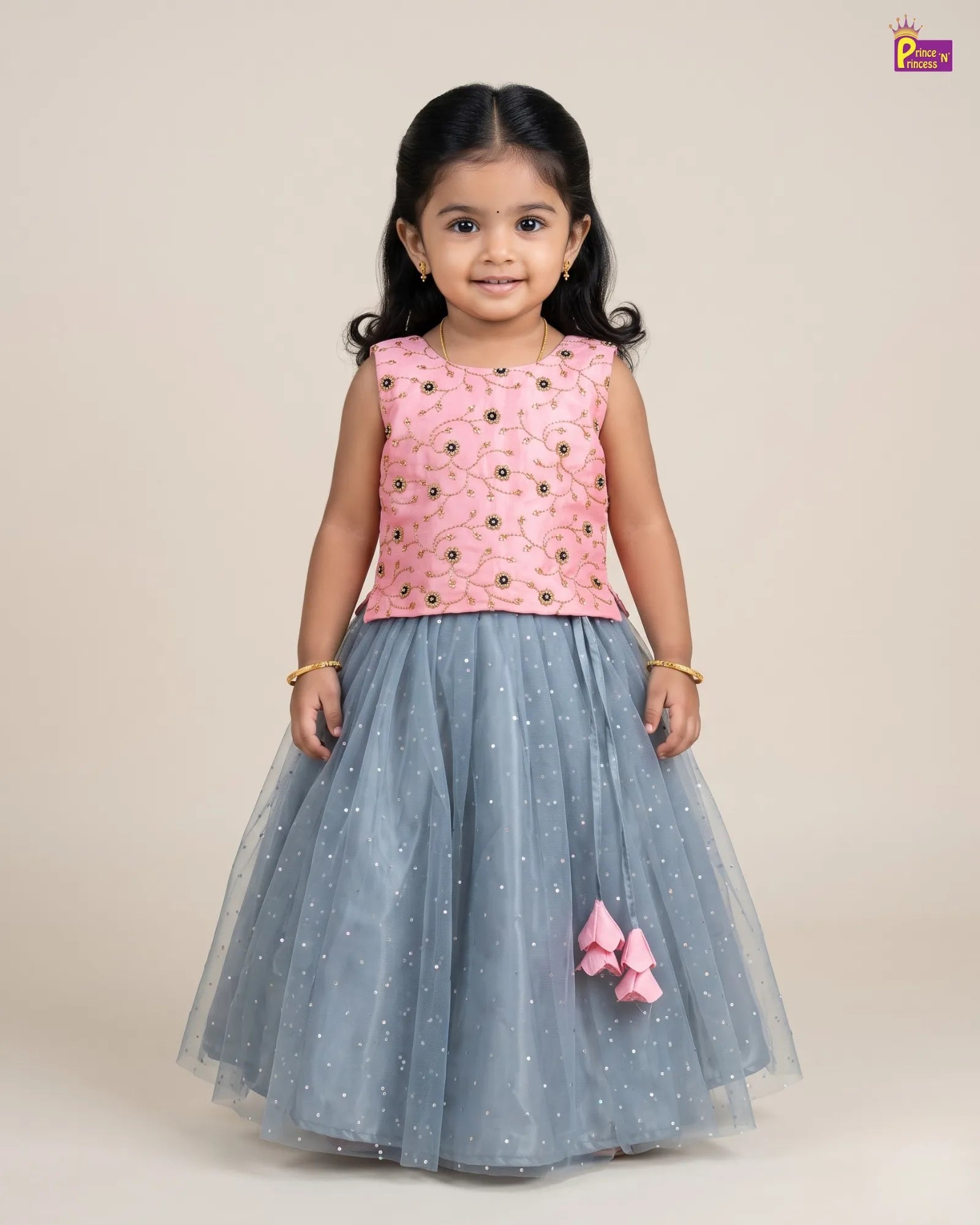 Girls Pink & Grey Embroidered Silk and Net Lehenga Choli Set with Dupatta LC243 for kids festival wear