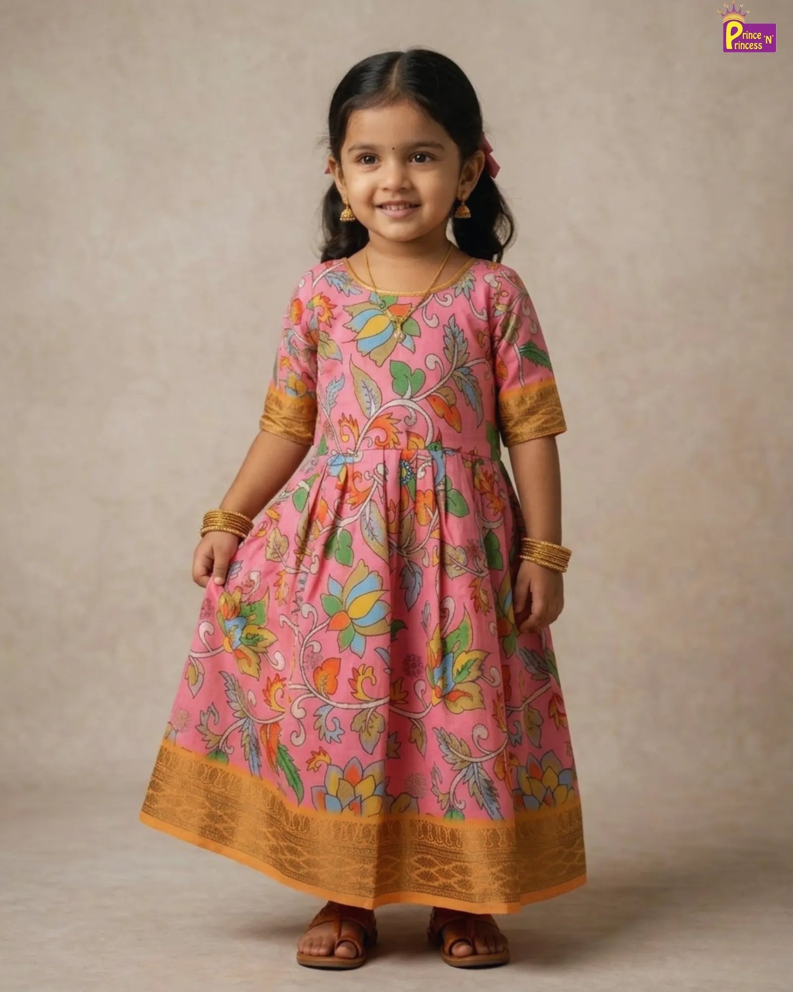 Girls Pink Kalamkari Taffeta Silk Full Length Gown | 50% Sale PG326 - Prince N Princess