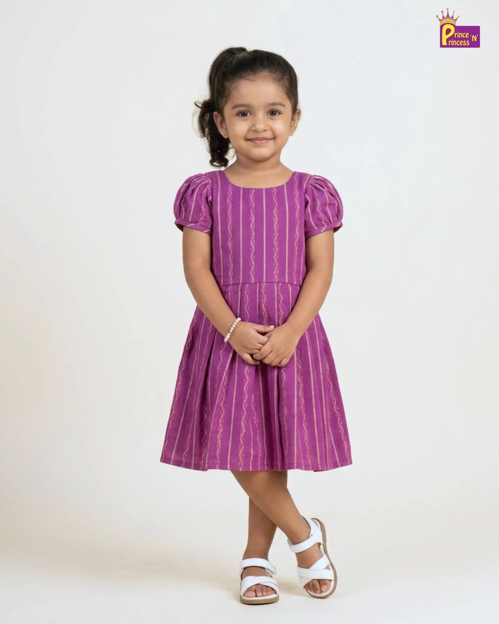 Girls Pink Striped Cotton Frock – Puff Sleeve Everyday Dress CF430 for kids festival wear