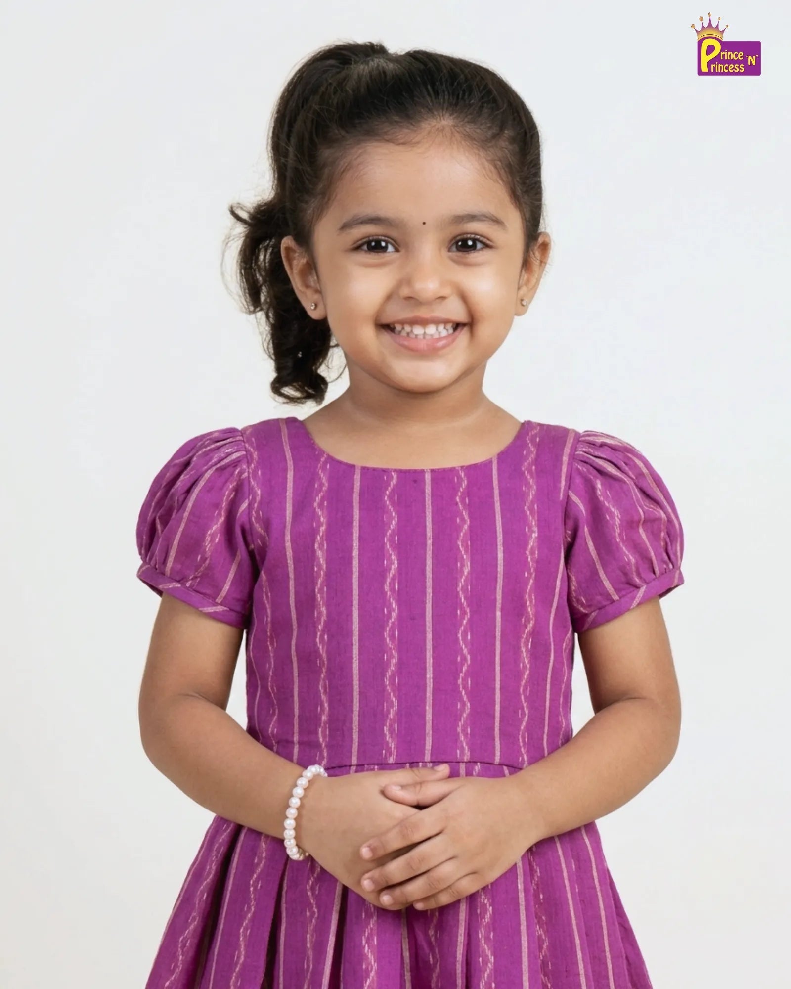 Girls Pink Striped Cotton Frock – Puff Sleeve Everyday Dress CF430 for kids festival wear