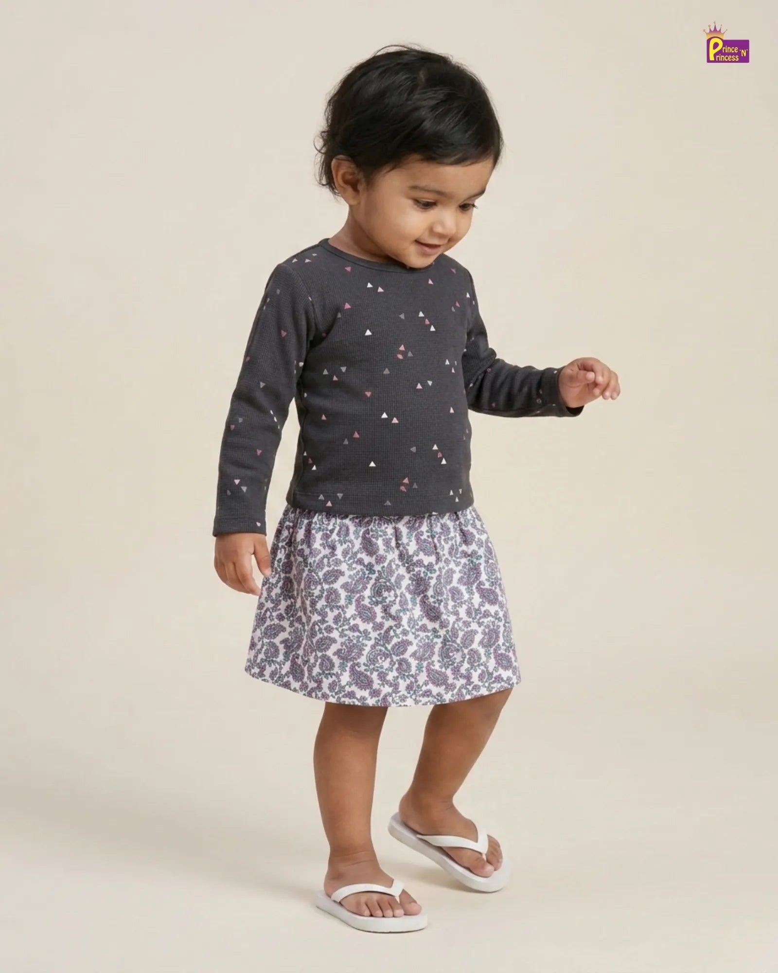 Girls Printed White skirt with dark Grey Top GTS031 for kids festival wear