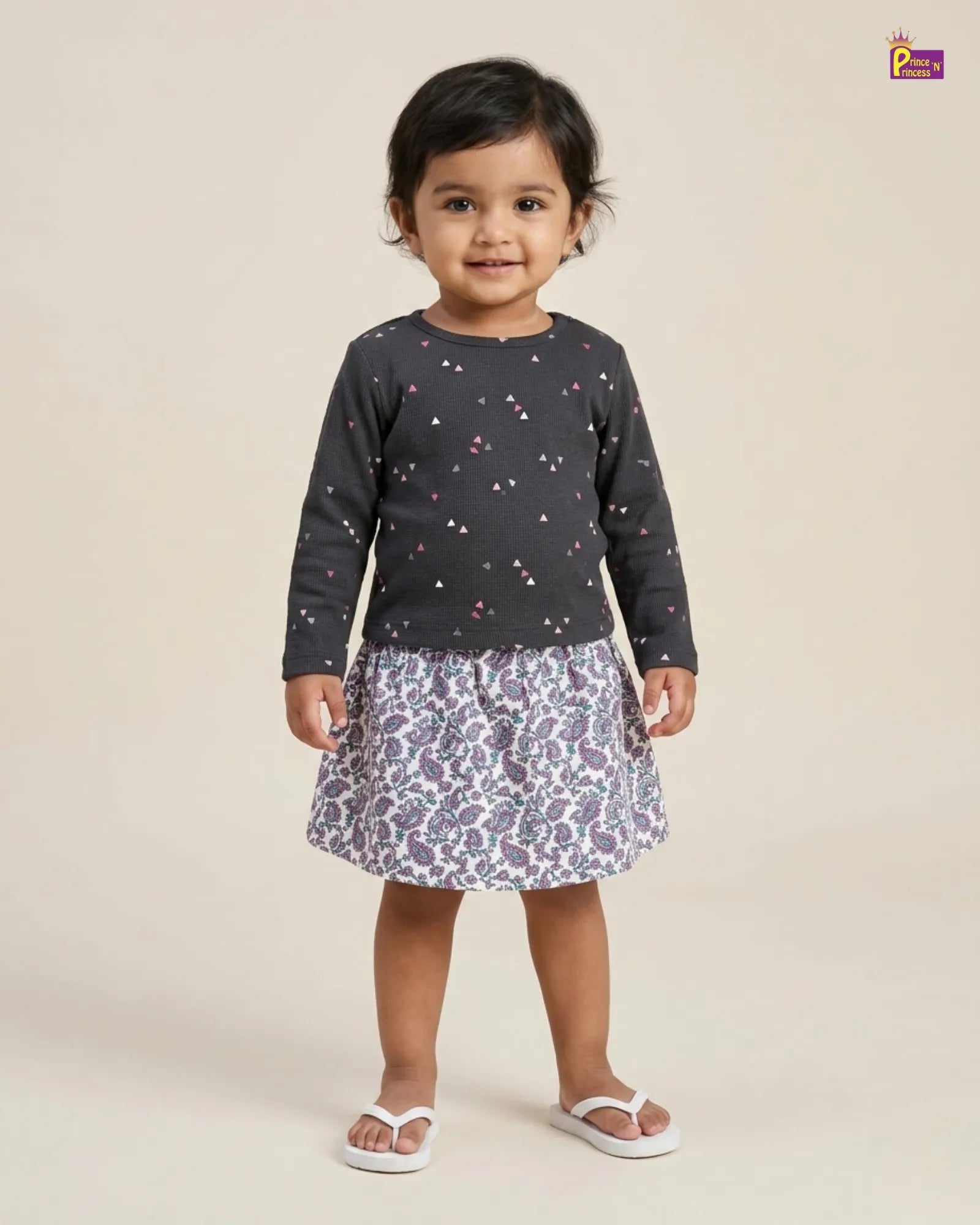 Girls Printed White skirt with dark Grey Top GTS031 for kids festival wear
