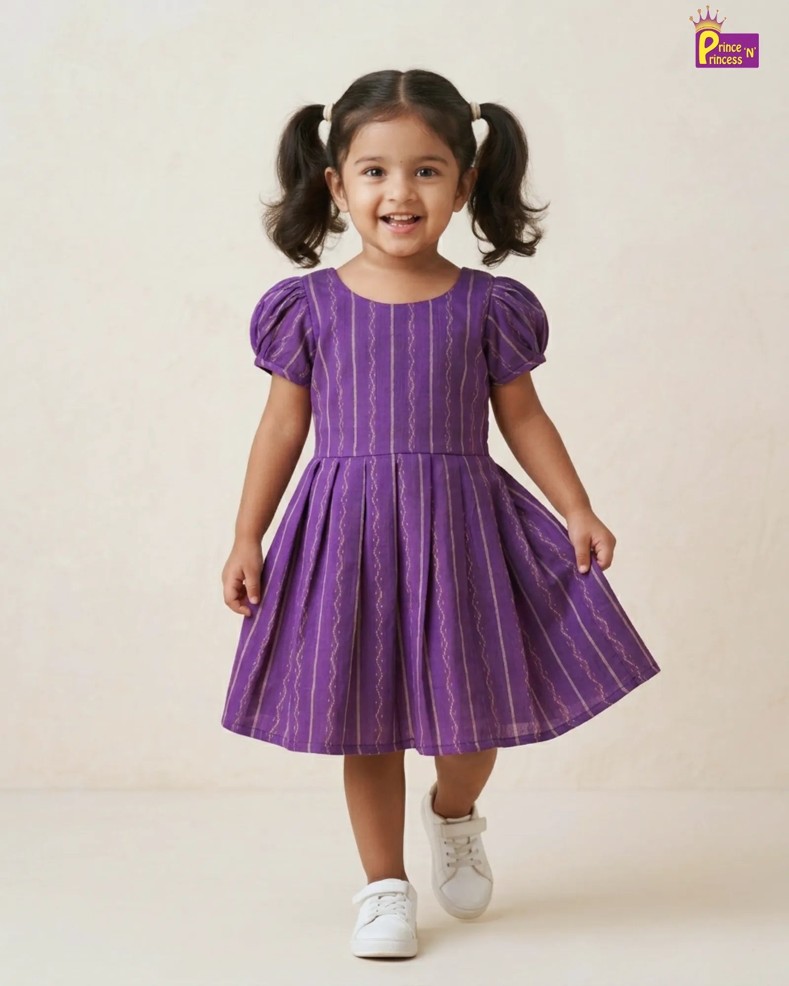 Girls Purple Striped Cotton Frock – Puff Sleeve Everyday Dress CF427 for kids festival wear