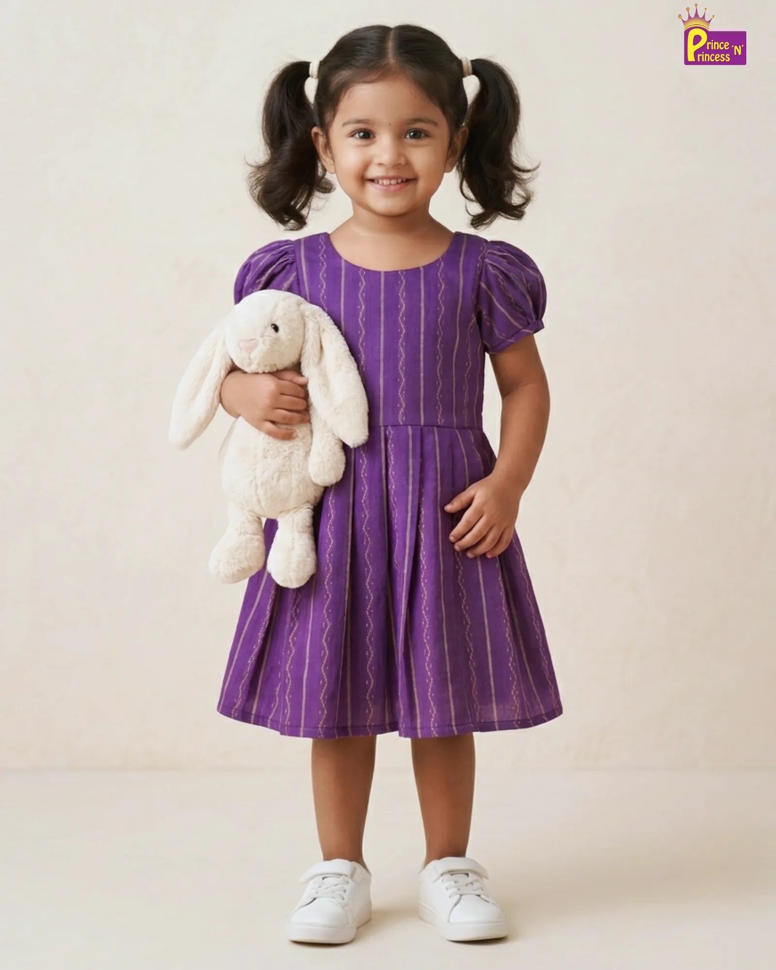 Girls Purple Striped Cotton Frock – Puff Sleeve Everyday Dress CF427 for kids festival wear