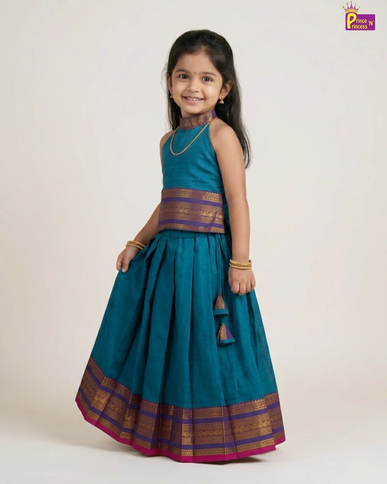 Girls Rama Blue Chettinad Pattu Pavadai - Elephant Zari Border Sleeveless PPP2062 for kids festival wear