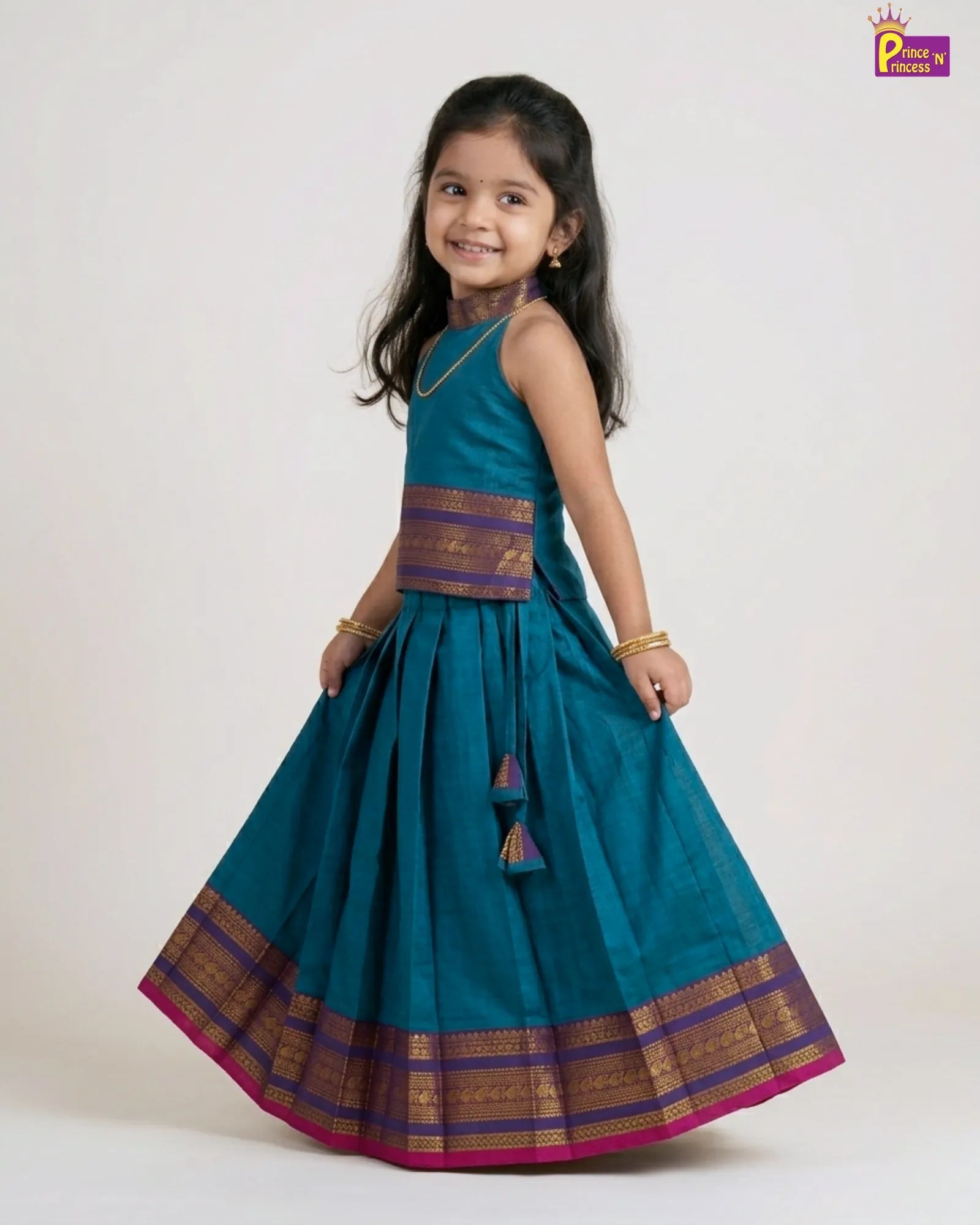 Girls Rama Blue Chettinad Pattu Pavadai - Elephant Zari Border Sleeveless PPP2062 for kids festival wear