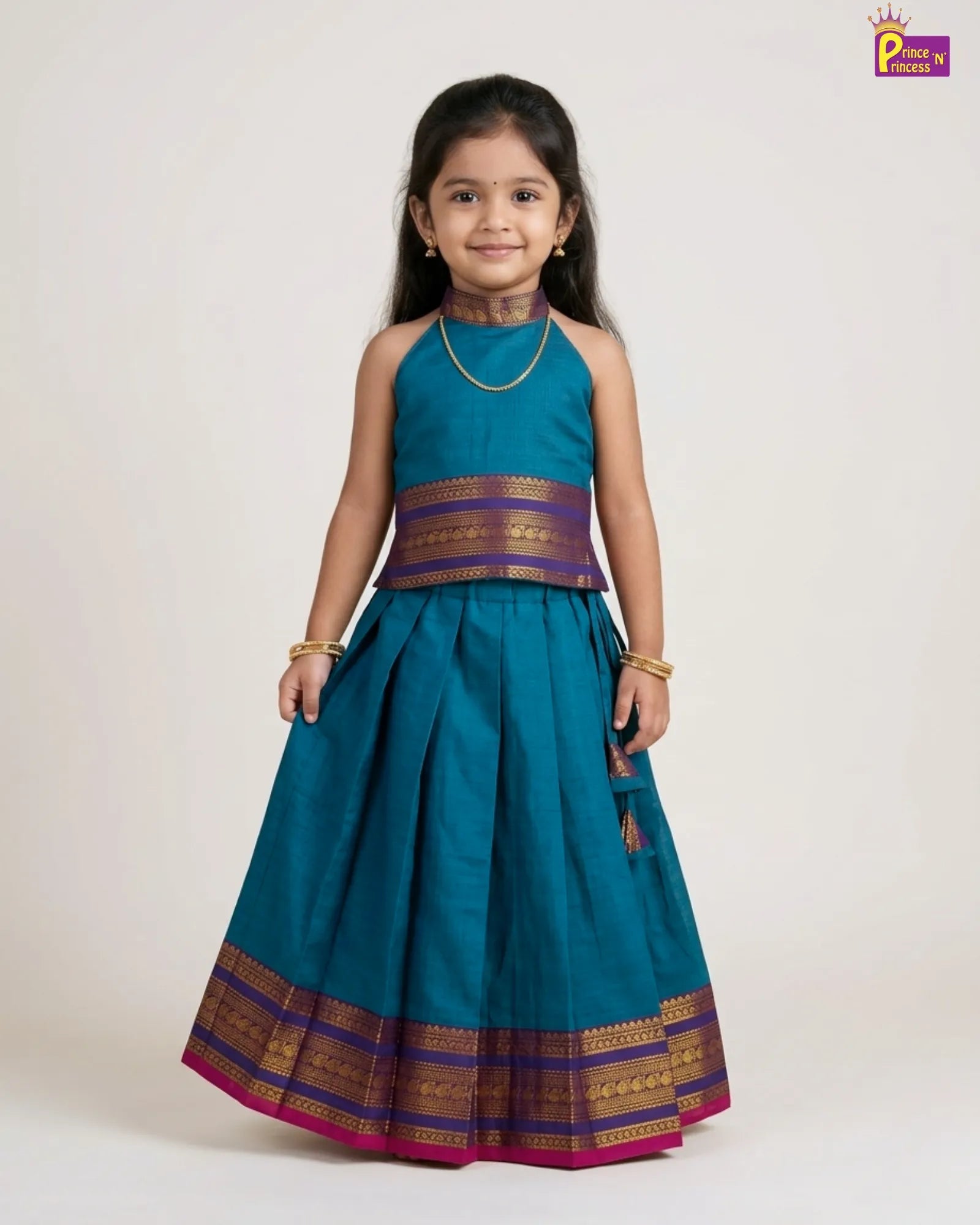 Girls Rama Blue Chettinad Pattu Pavadai - Elephant Zari Border Sleeveless PPP2062 for kids festival wear
