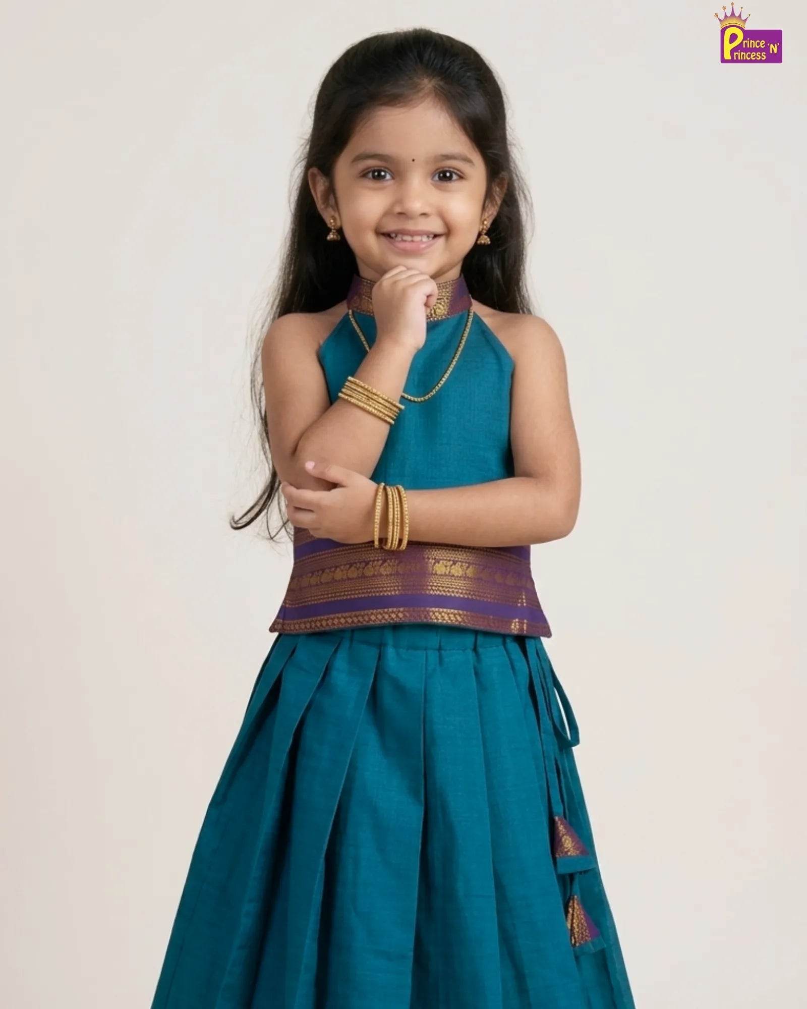 Girls Rama Blue Chettinad Pattu Pavadai - Elephant Zari Border Sleeveless PPP2062 for kids festival wear