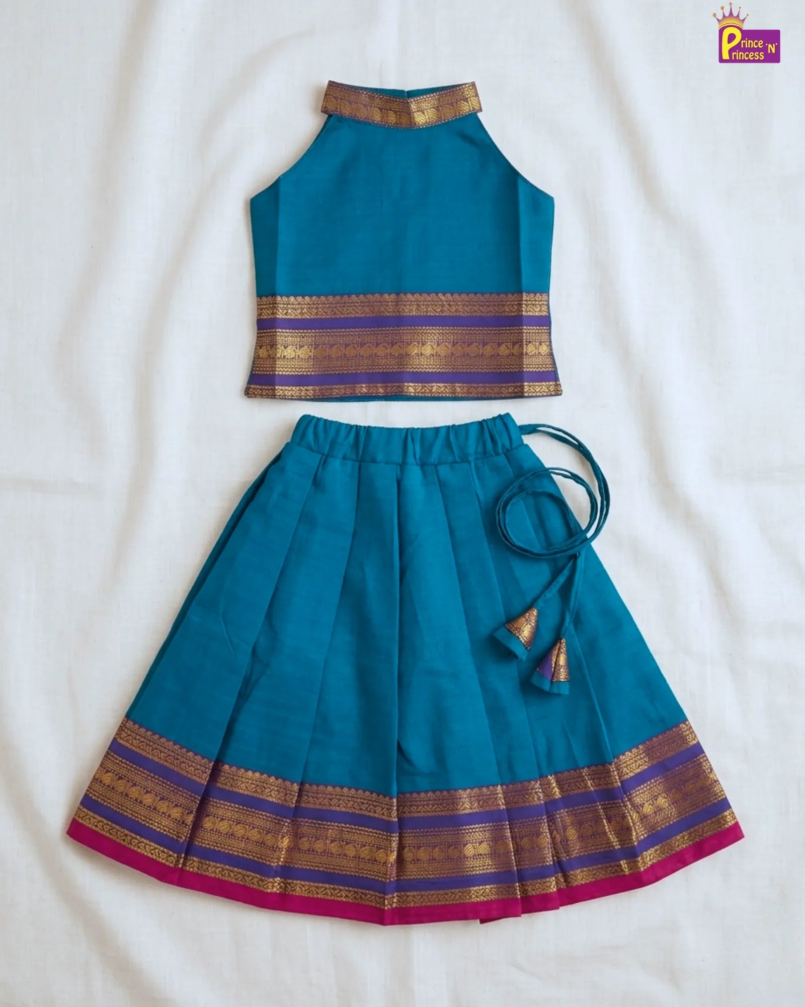 Girls Rama Blue Chettinad Pattu Pavadai - Elephant Zari Border Sleeveless PPP2062 for kids festival wear