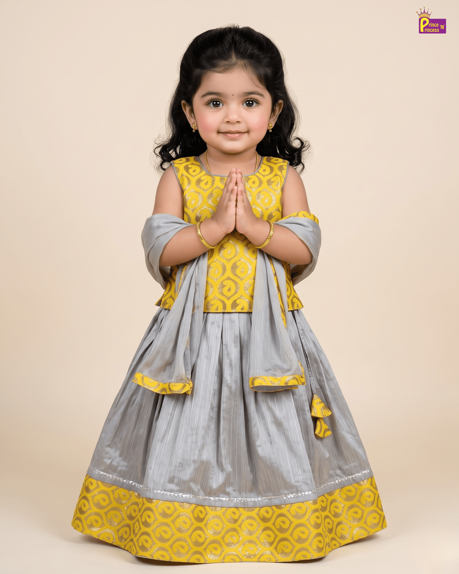 Girls' Ring Design Choli Set - Yellow and Grey LC263 for kids festival wear