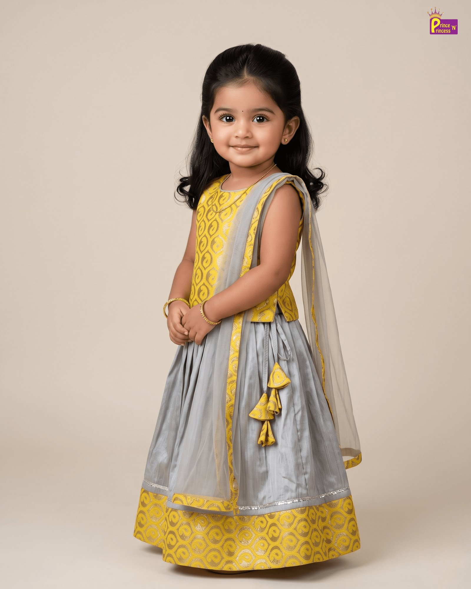 Girls' Ring Design Choli Set - Yellow and Grey LC263 for kids festival wear