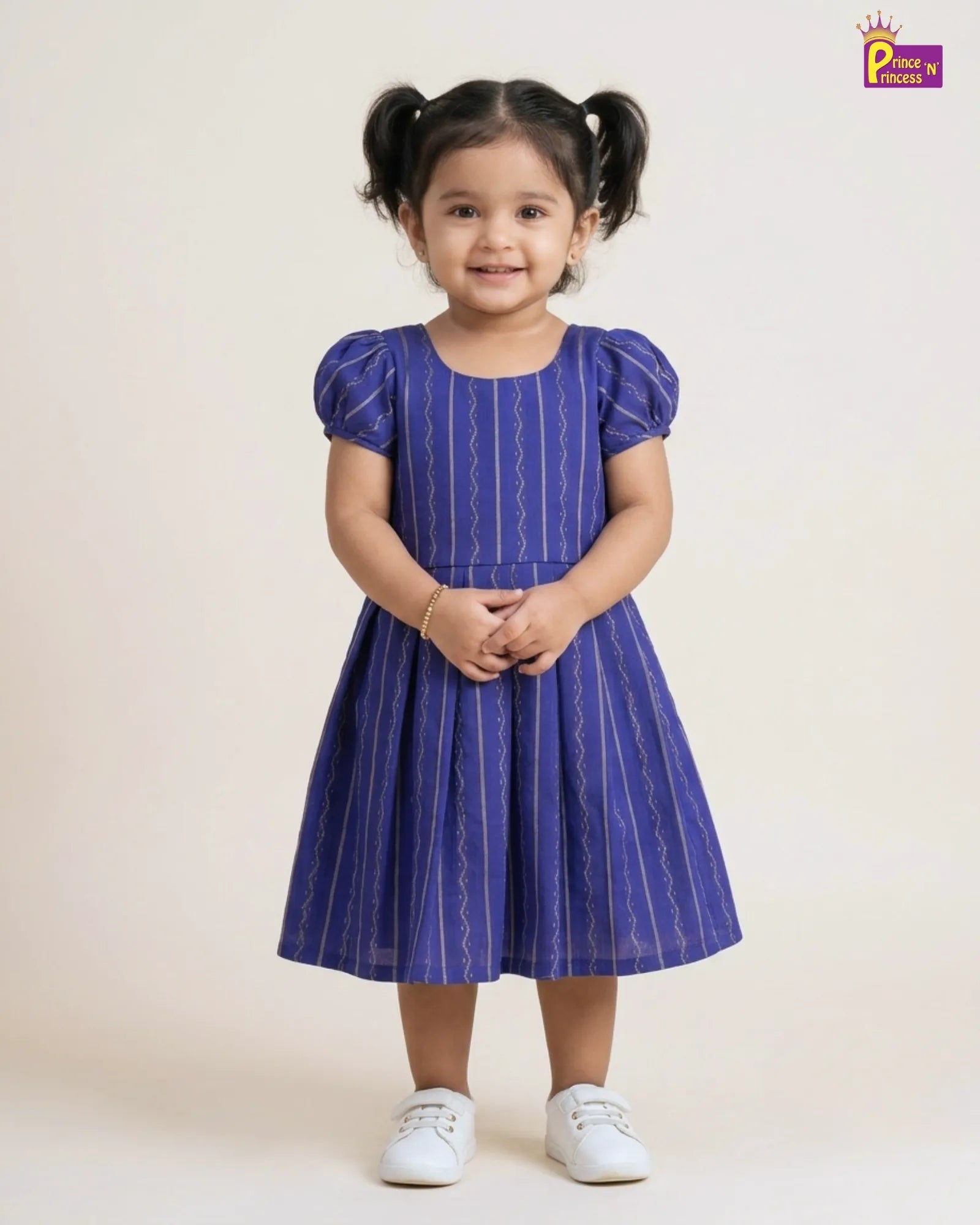 Girls Royal Blue Striped Cotton Frock – Puff Sleeve Everyday Dress CF431 for kids festival wear