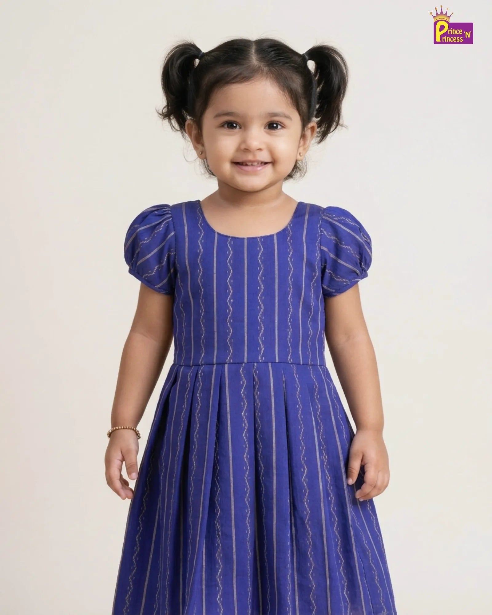 Girls Royal Blue Striped Cotton Frock – Puff Sleeve Everyday Dress CF431 for kids festival wear