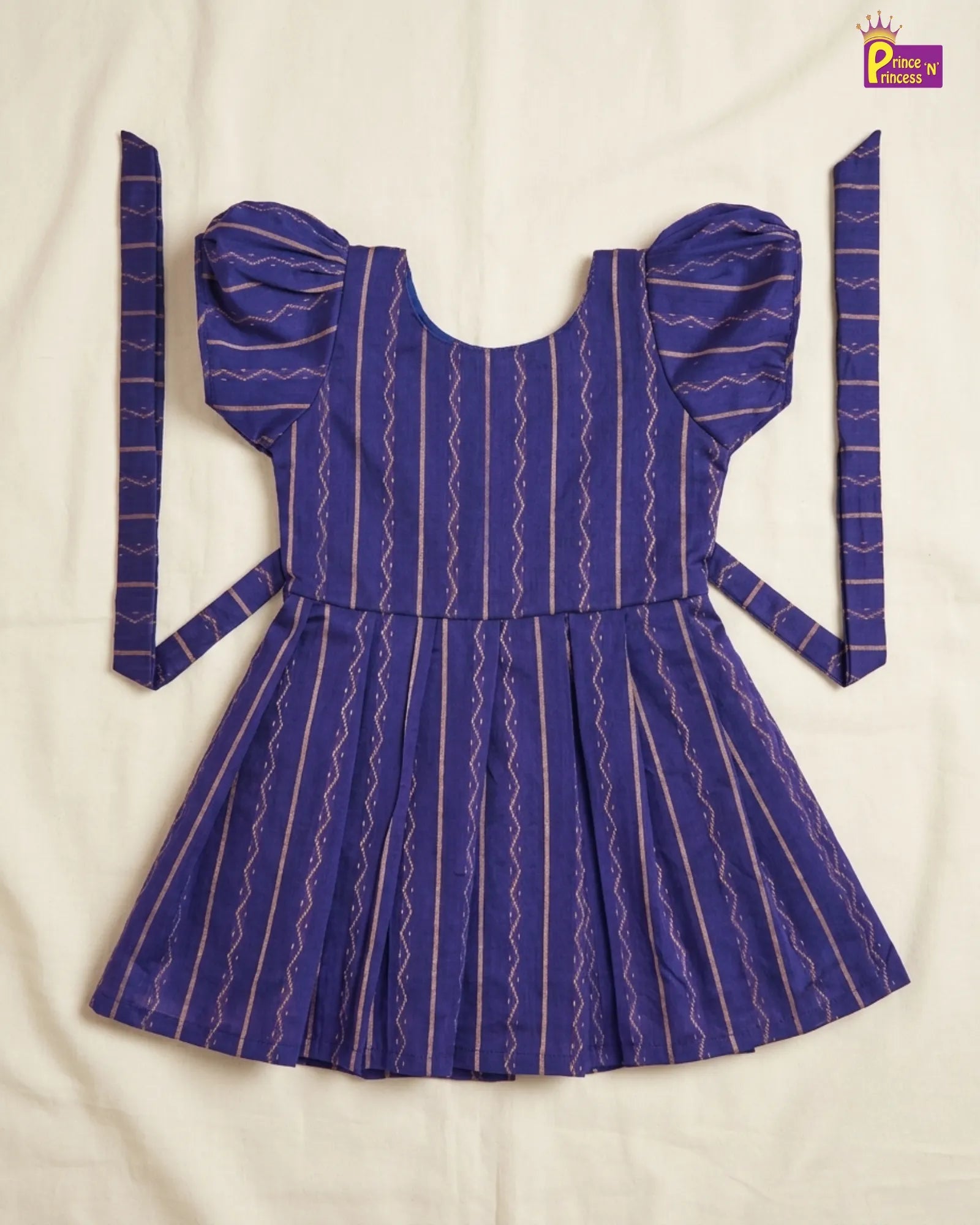 Girls Royal Blue Striped Cotton Frock – Puff Sleeve Everyday Dress CF431 for kids festival wear