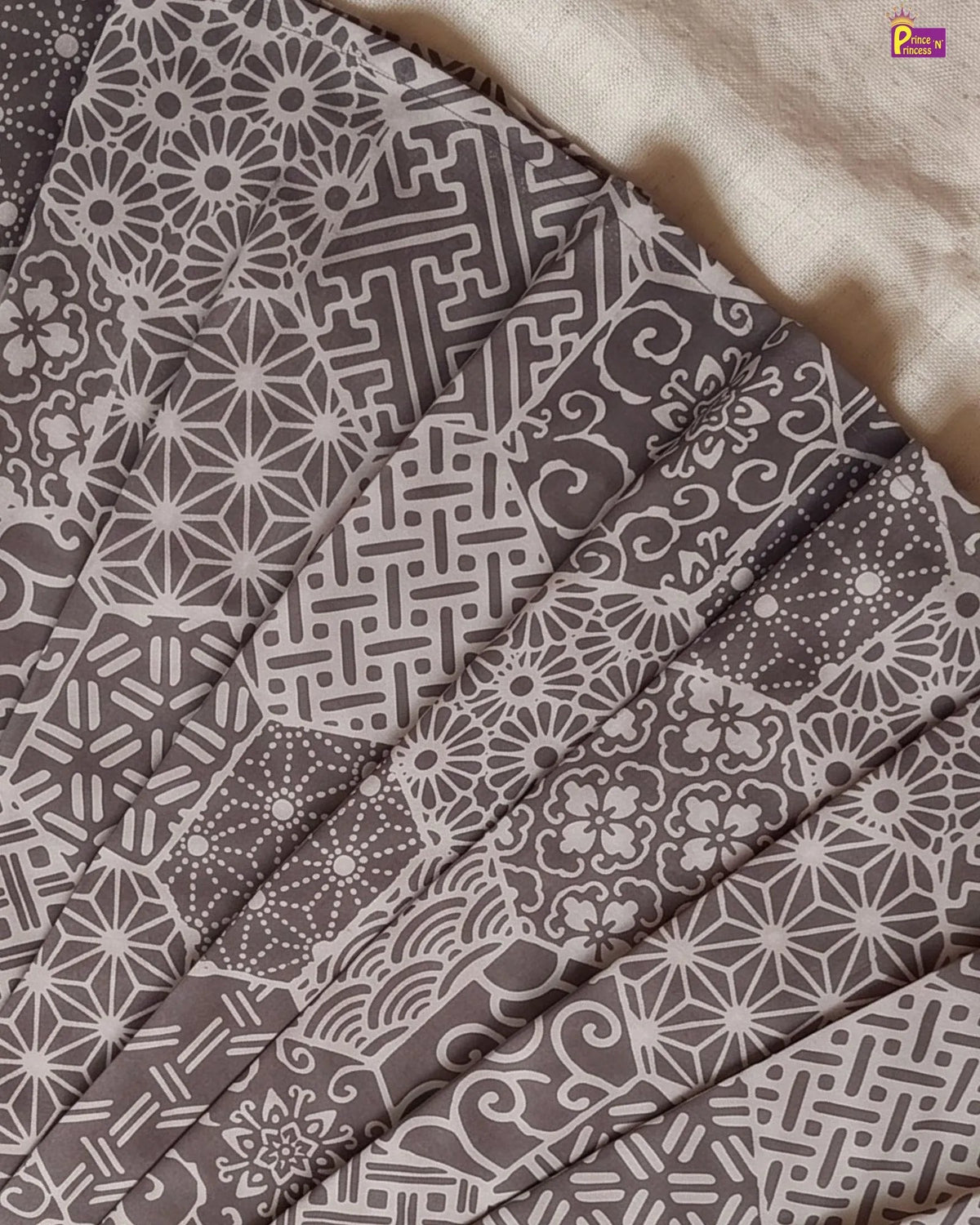 Girls Taupe Grey Hand block Geometric Print Cotton Frock - CF453 for kids festival wear