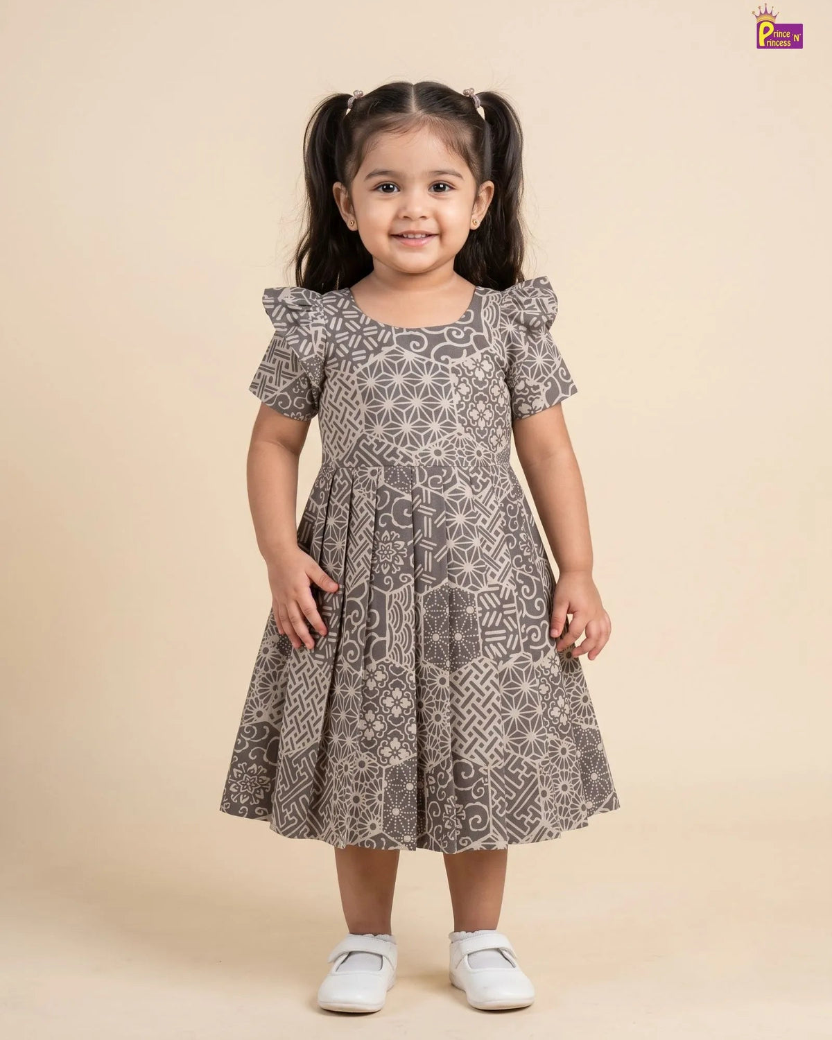 Girls Taupe Grey Hand block Geometric Print Cotton Frock - CF453 for kids festival wear