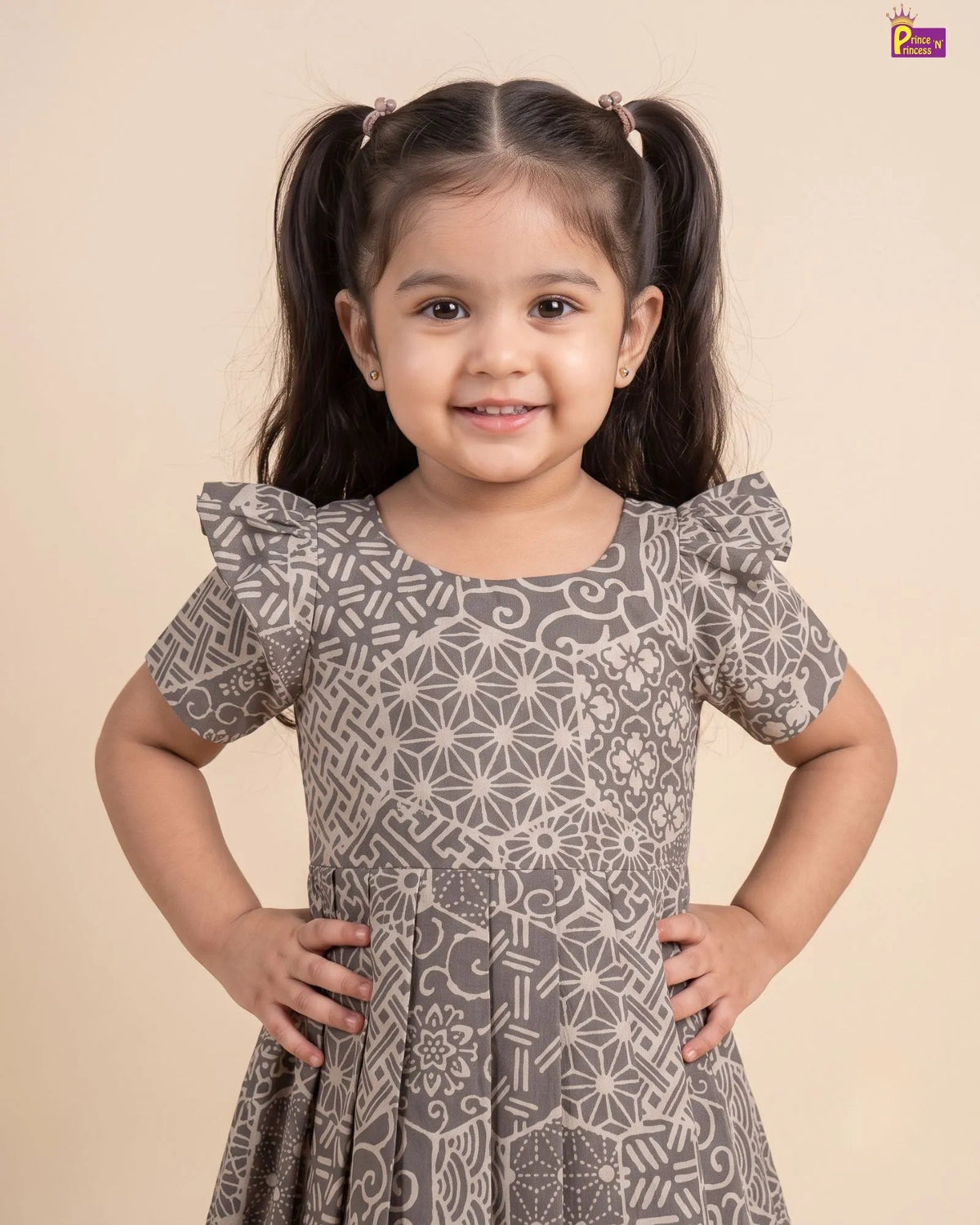 Girls Taupe Grey Hand block Geometric Print Cotton Frock - CF453 for kids festival wear