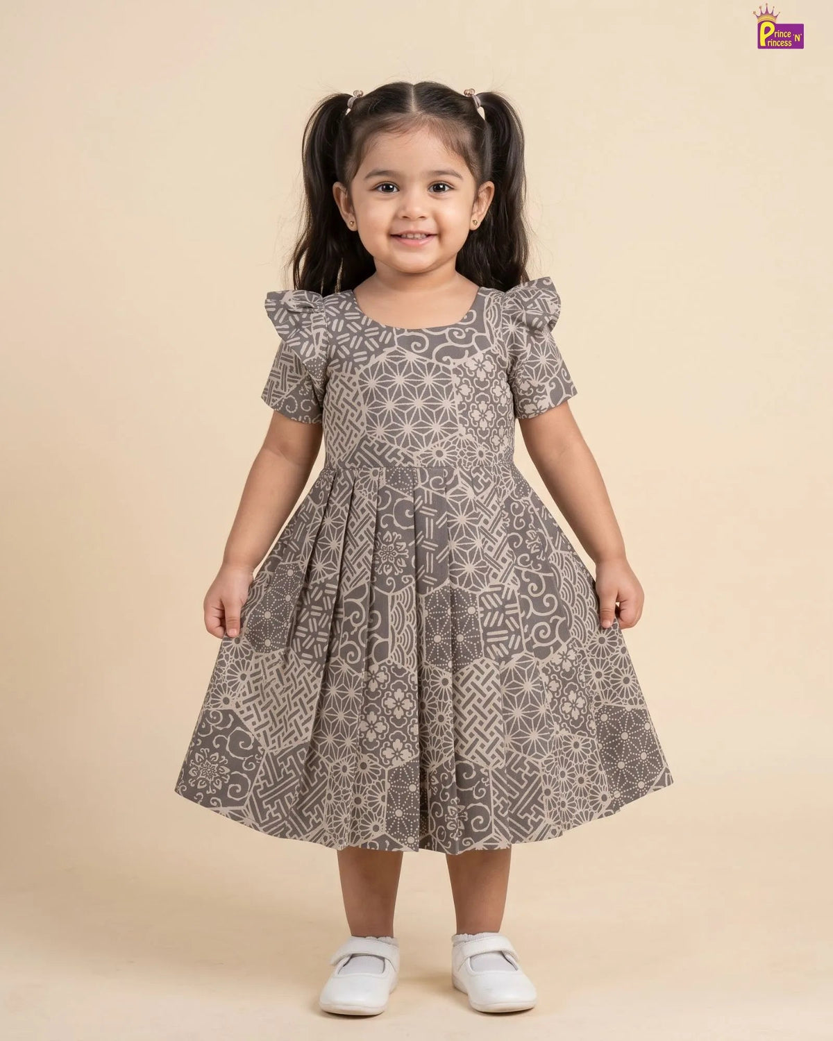 Girls Taupe Grey Hand block Geometric Print Cotton Frock - CF453 for kids festival wear