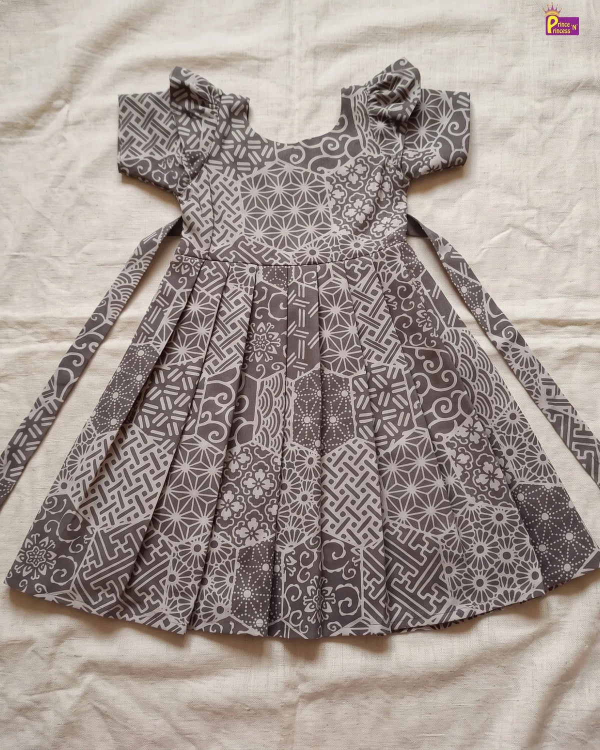 Girls Taupe Grey Hand block Geometric Print Cotton Frock - CF453 for kids festival wear