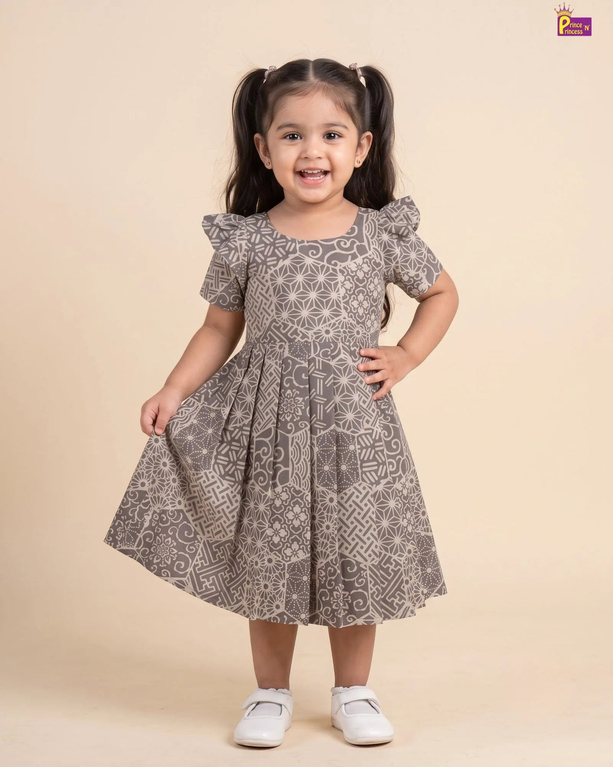 Girls Taupe Grey Hand block Geometric Print Cotton Frock - CF453 for kids festival wear