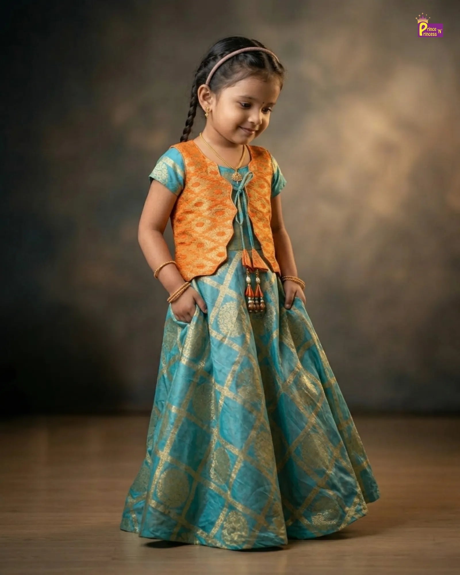 Girls Traditional Banarasi Long Gown in Orange with Green PG448 for kids festival wear