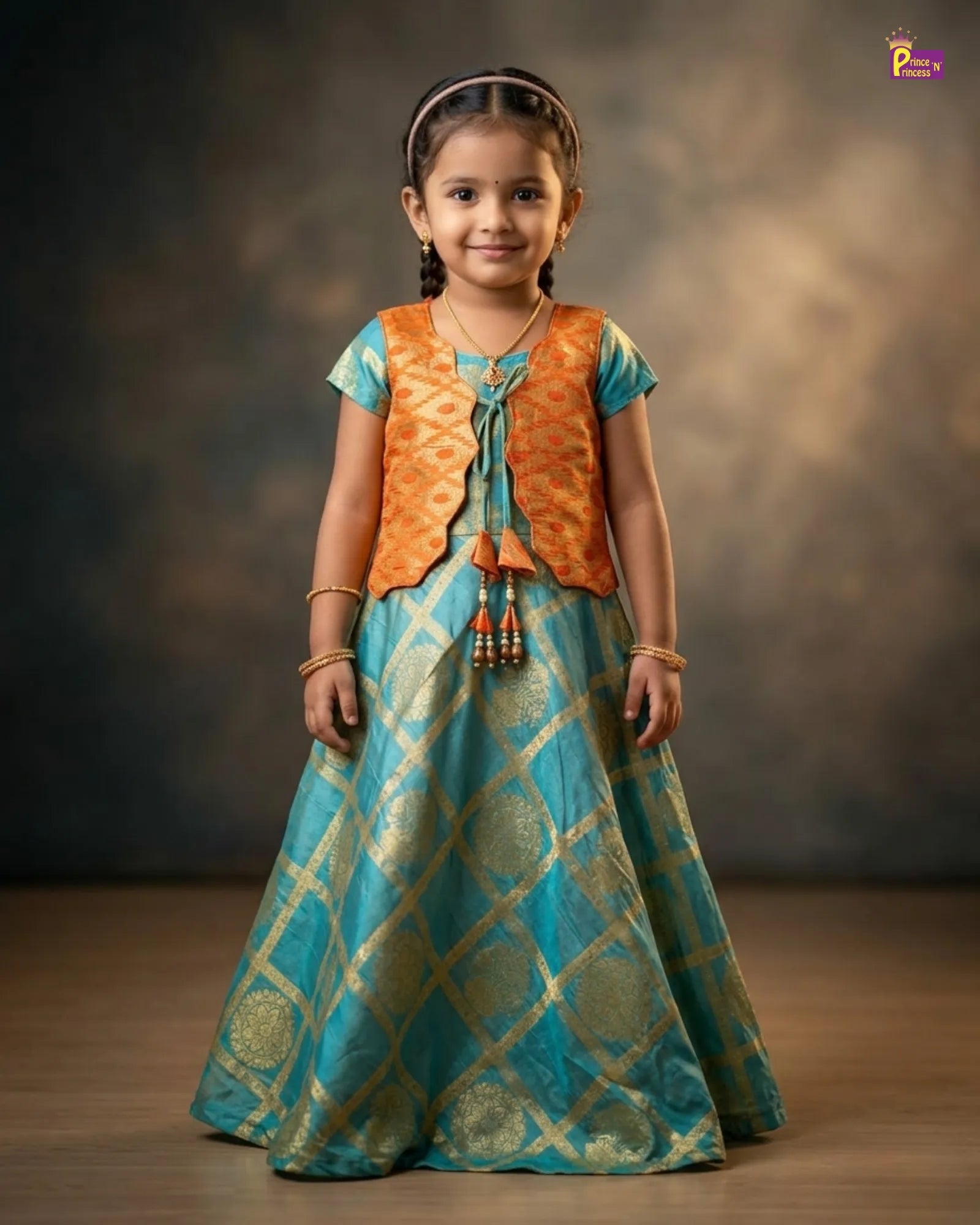 Girls Traditional Banarasi Long Gown in Orange with Green PG448 for kids festival wear