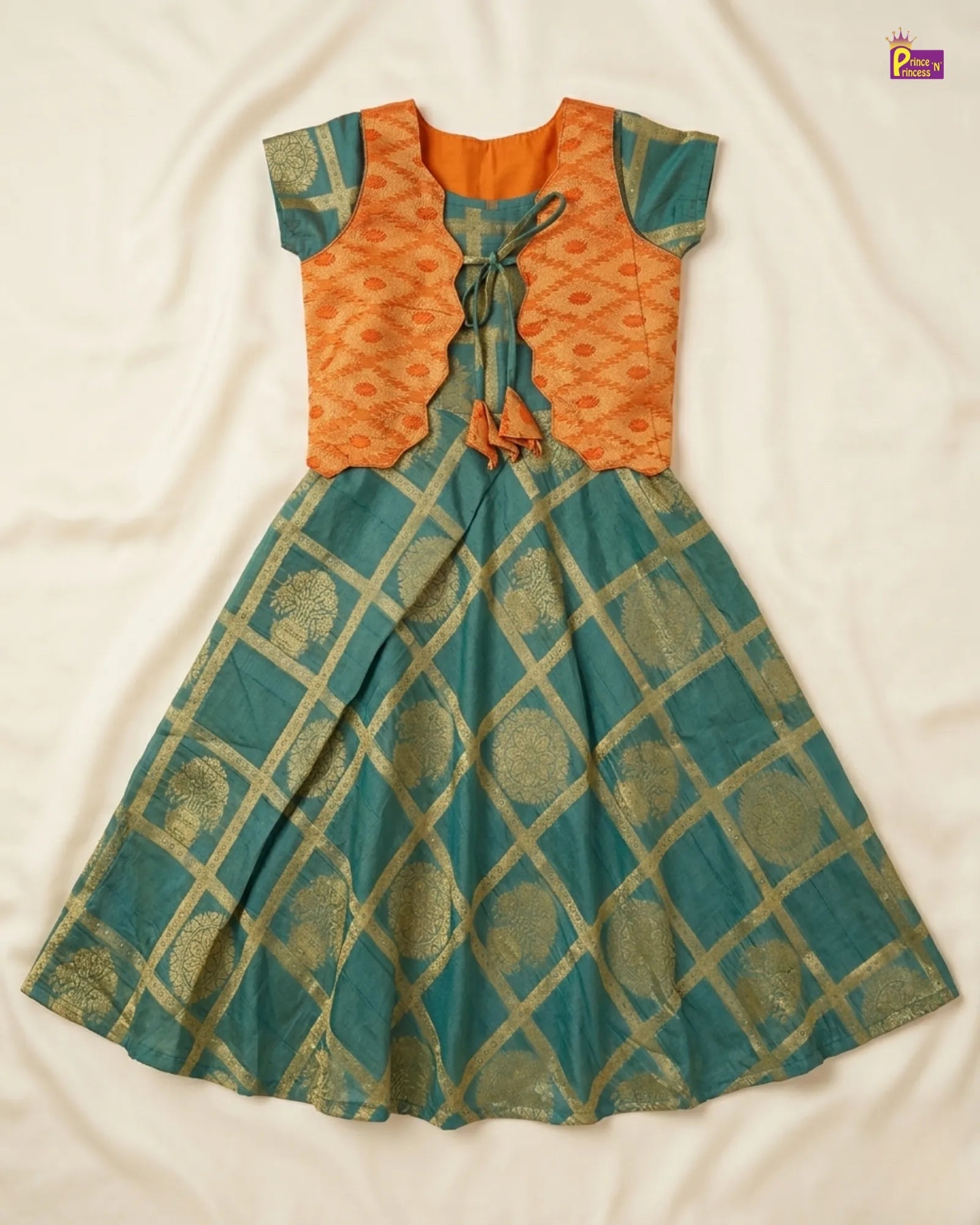 Girls Traditional Banarasi Long Gown in Orange with Green PG448 for kids festival wear