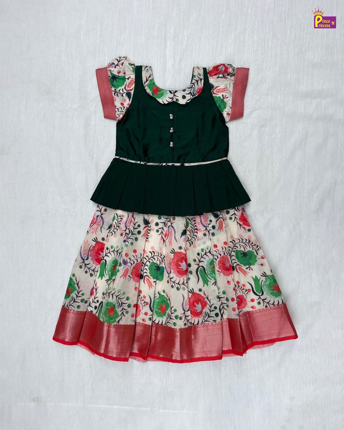 Girls Traditional Pattu Pavadai Green & Red │ PPP1376 - Prince N Princess