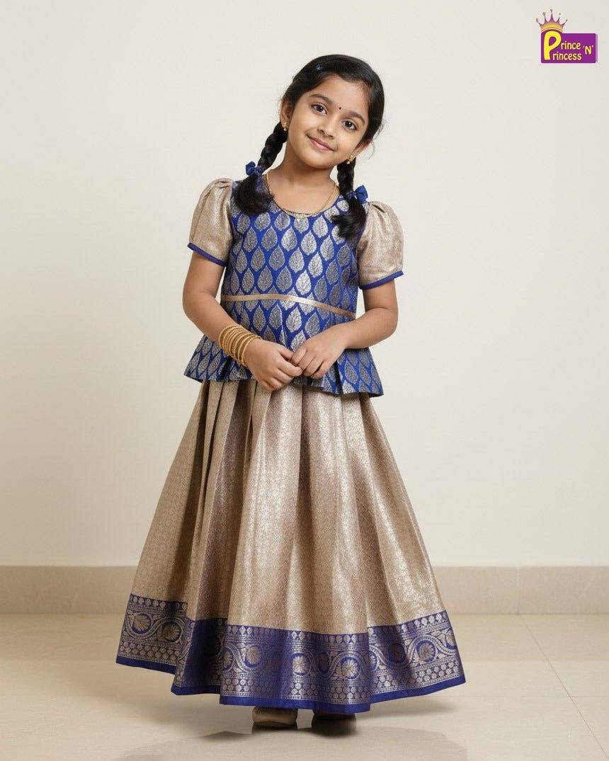 Girls Traditional Pattupavadai Blue With Sandal PPP1519 - Prince N Princess