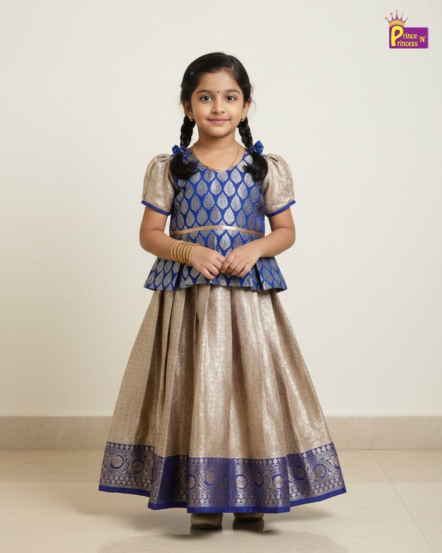 Girls Traditional Pattupavadai Blue With Sandal PPP1519 - Prince N Princess