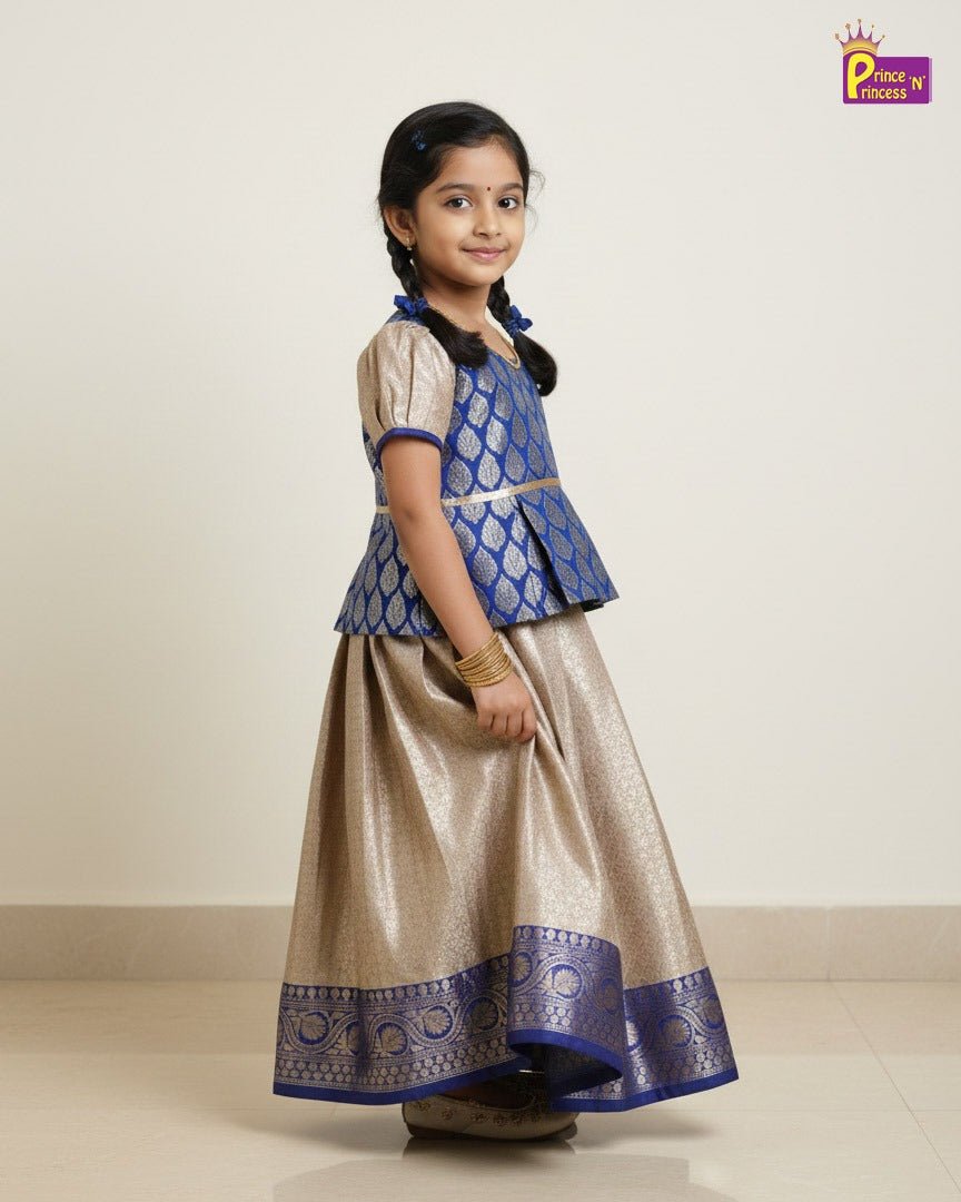 Girls Traditional Pattupavadai Blue With Sandal PPP1519 - Prince N Princess