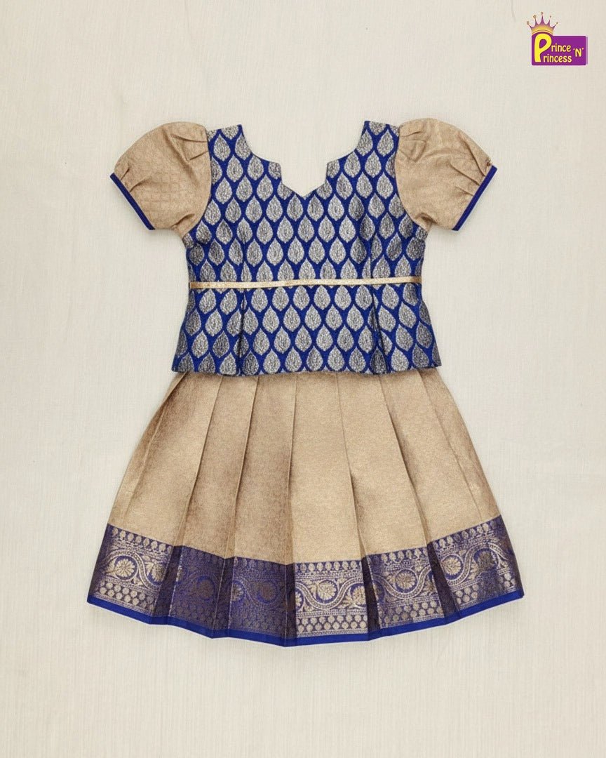 Girls Traditional Pattupavadai Blue With Sandal PPP1519 - Prince N Princess