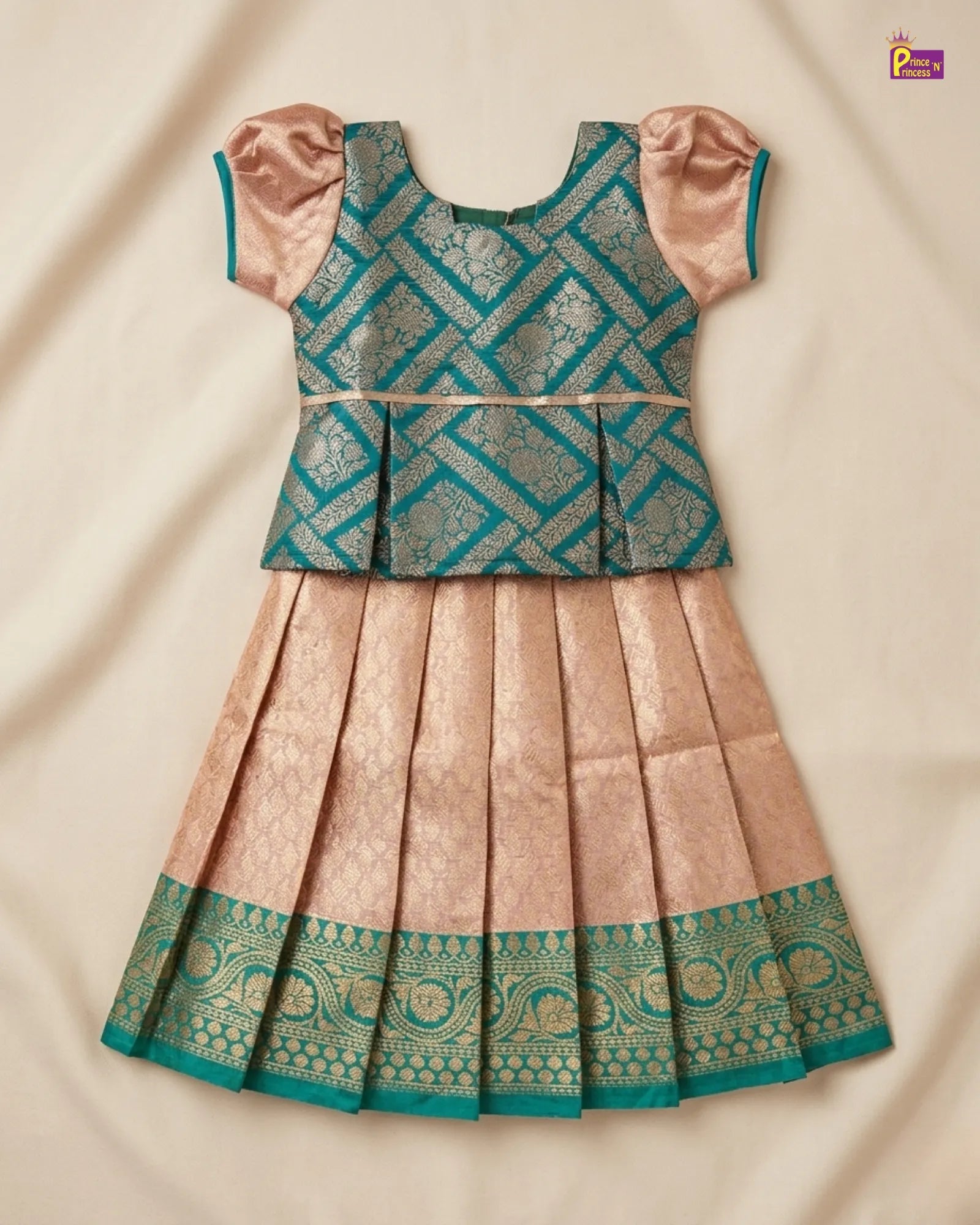 Girls Traditional Pattupavadai Green With Beige PPP1694 for kids festival wear