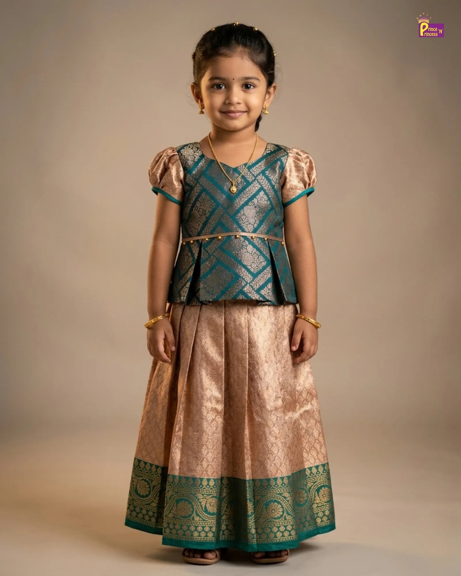 Girls Traditional Pattupavadai Green With Beige PPP1694 for kids festival wear