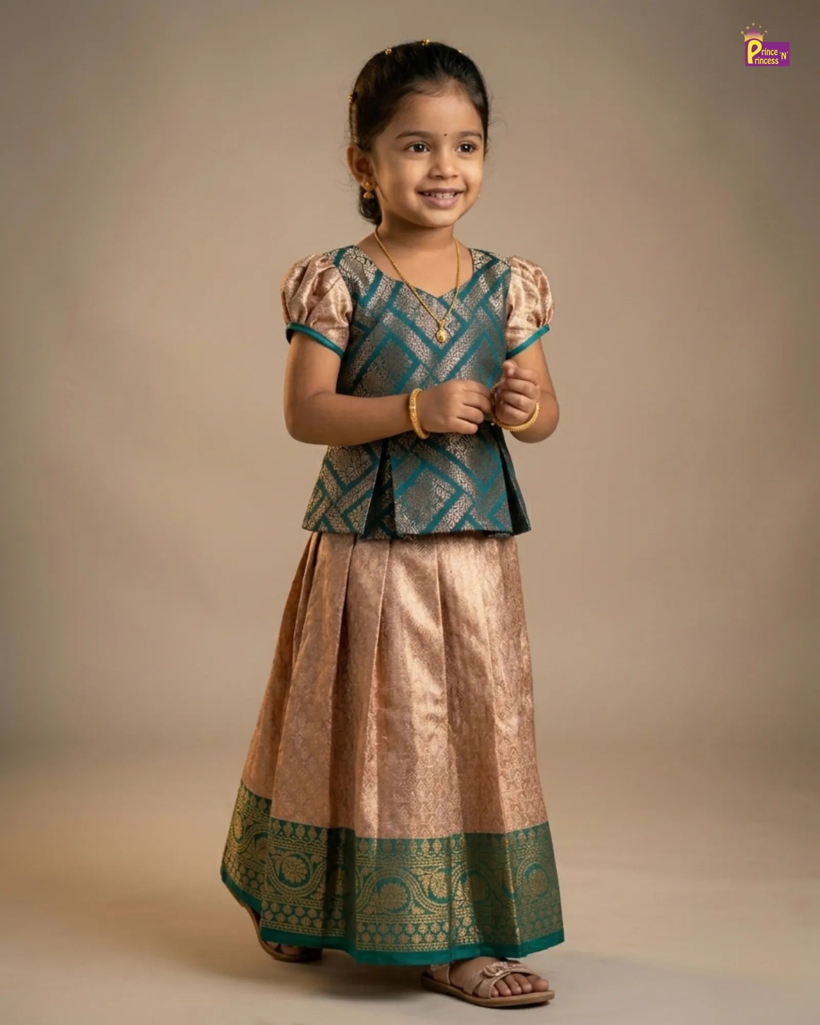 Girls Traditional Pattupavadai Green With Beige PPP1694 for kids festival wear