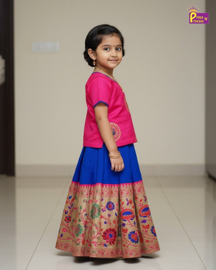 Girls Traditional Pattupavadai Pink With Blue PPP1583 - Prince N Princess