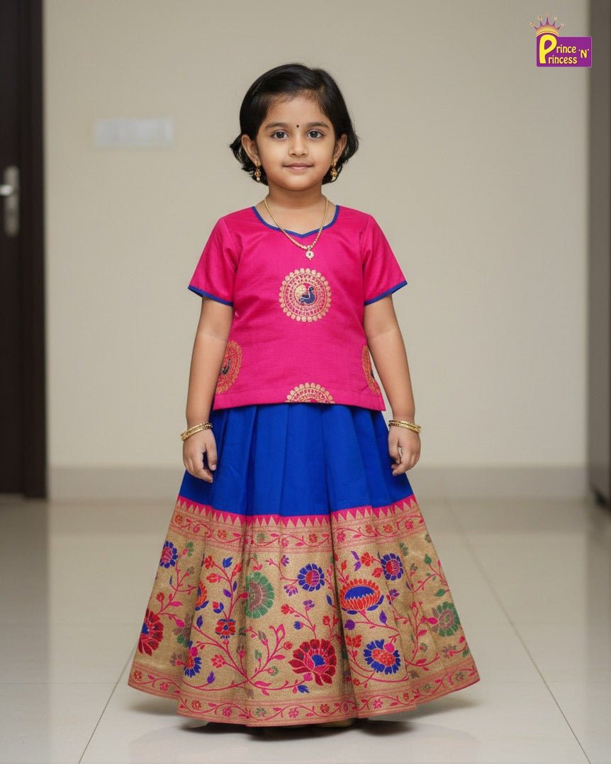 Girls Traditional Pattupavadai Pink With Blue PPP1583 - Prince N Princess