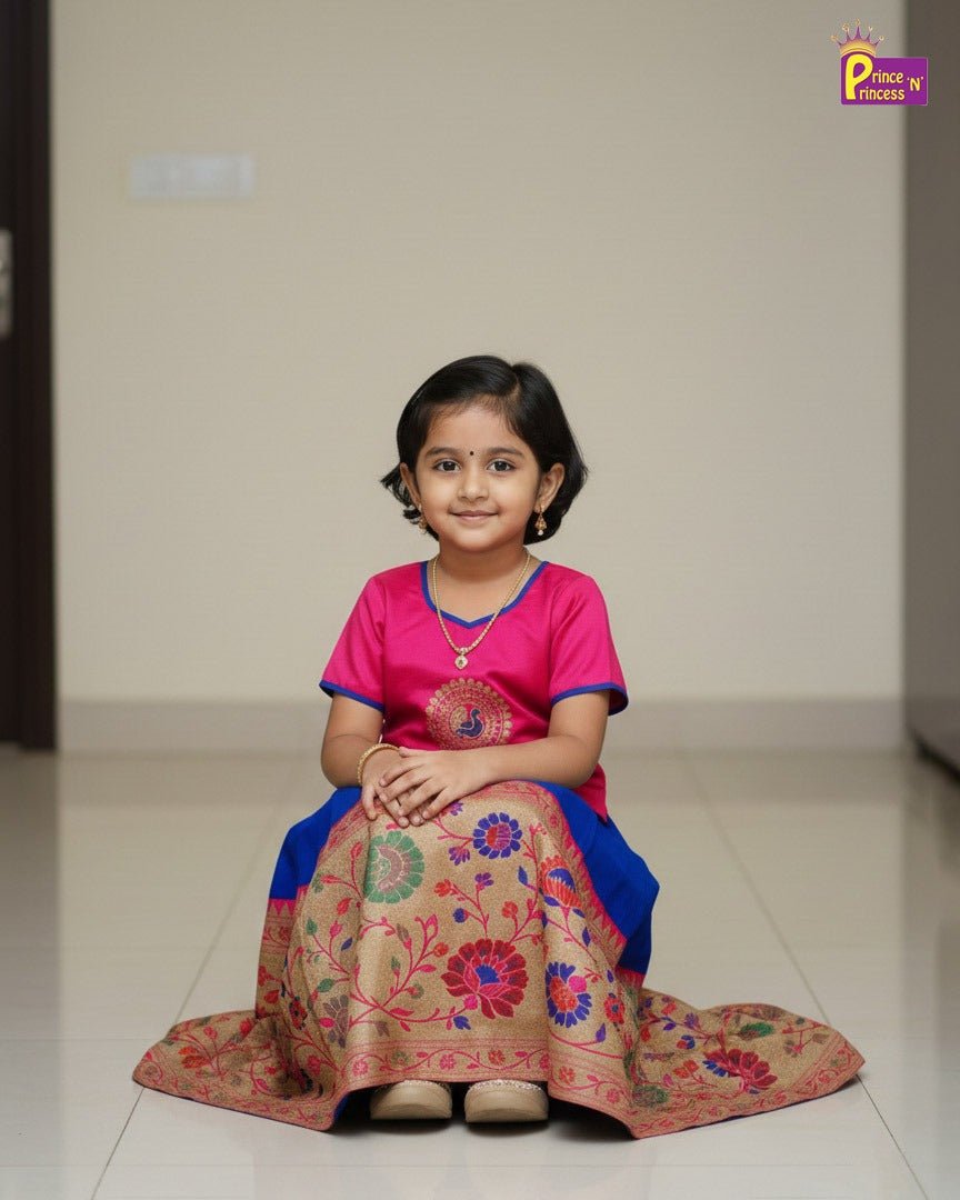 Girls Traditional Pattupavadai Pink With Blue PPP1583 - Prince N Princess