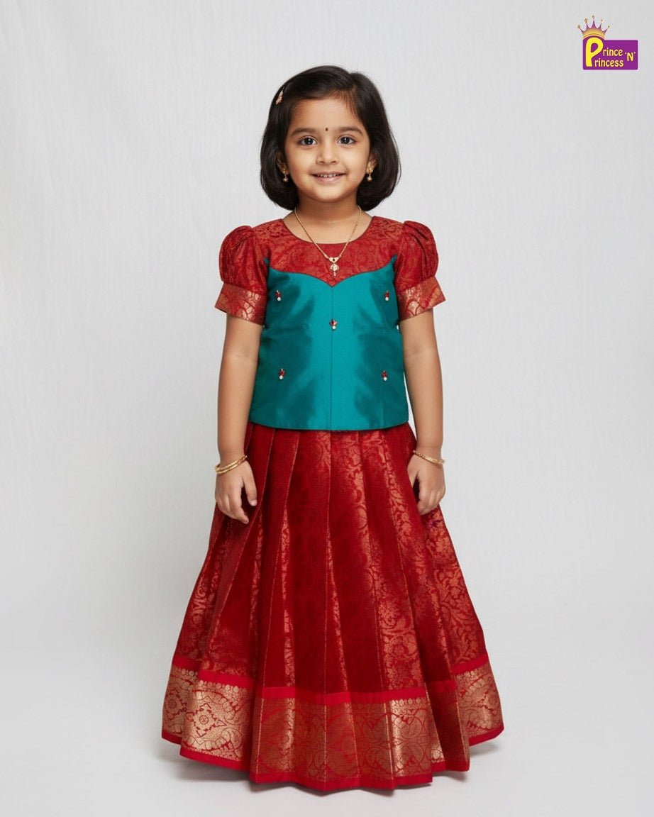 Girls Traditional Pattupavadai Rama Green With Red PPP1574 - Prince N Princess