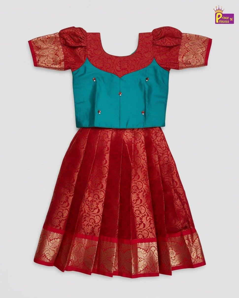 Girls Traditional Pattupavadai Rama Green With Red PPP1574 - Prince N Princess