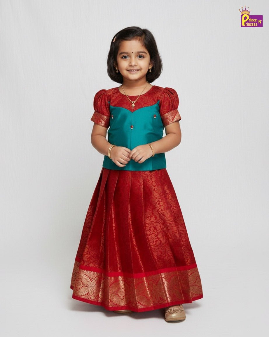Girls Traditional Pattupavadai Rama Green With Red PPP1574 - Prince N Princess