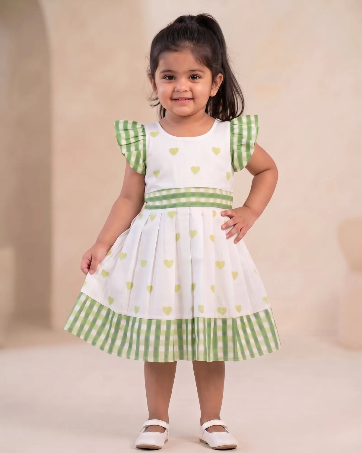 Girls White & Sage Green Heart Print Cotton Frock with Checked Ruffle Sleeves- CF454 for kids festival wear