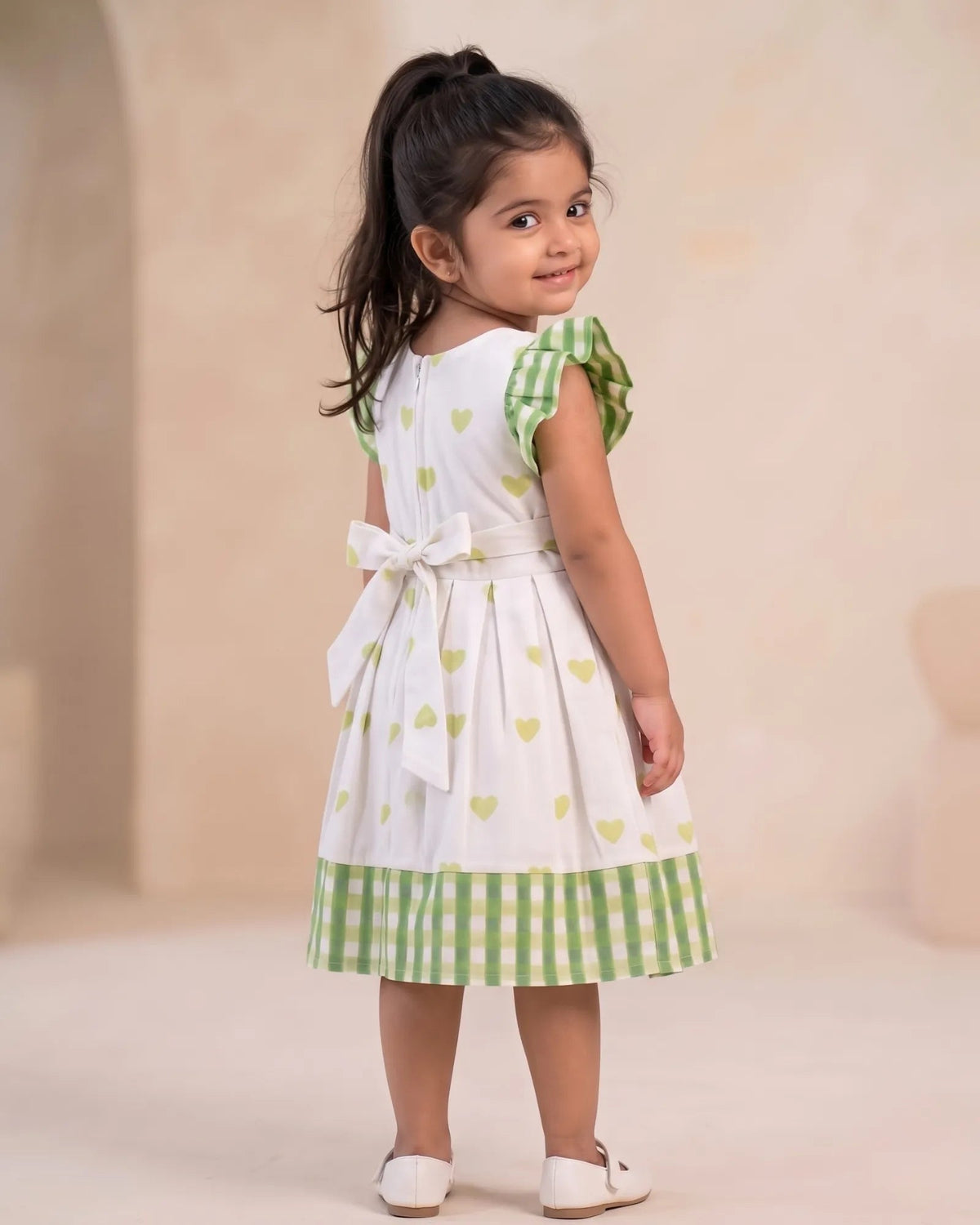 Girls White & Sage Green Heart Print Cotton Frock with Checked Ruffle Sleeves- CF454 for kids festival wear