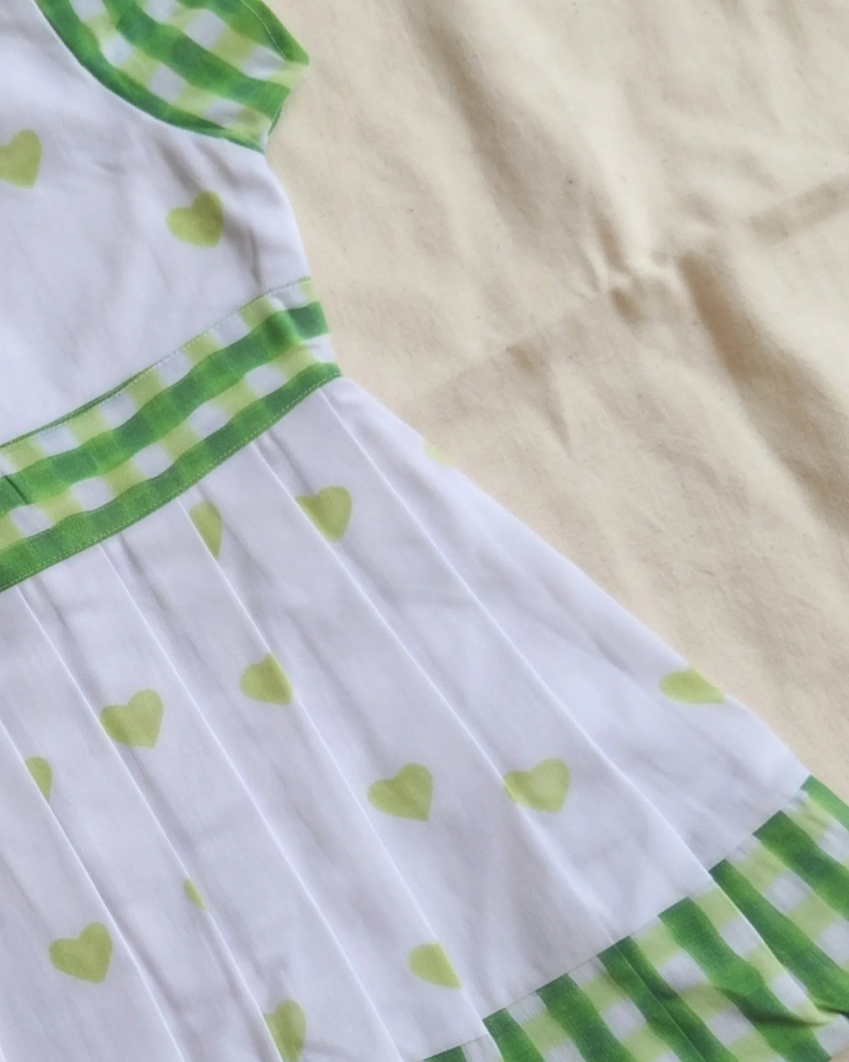 Girls White & Sage Green Heart Print Cotton Frock with Checked Ruffle Sleeves- CF454 for kids festival wear