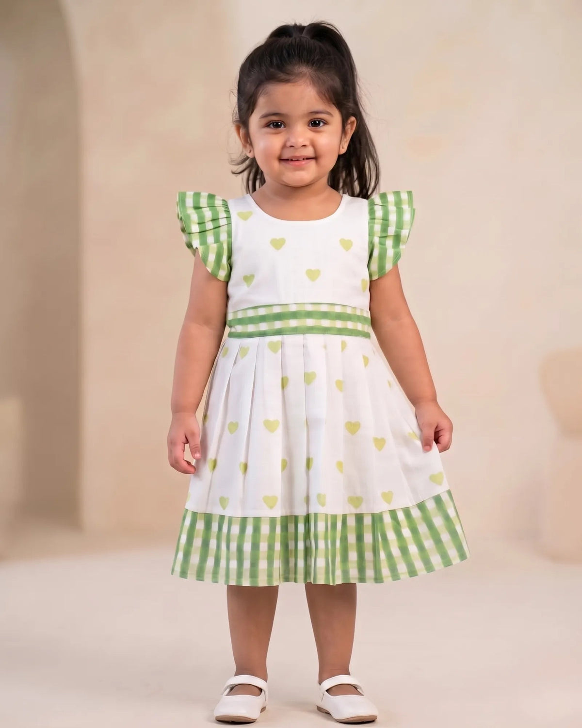 Girls White & Sage Green Heart Print Cotton Frock with Checked Ruffle Sleeves- CF454 for kids festival wear