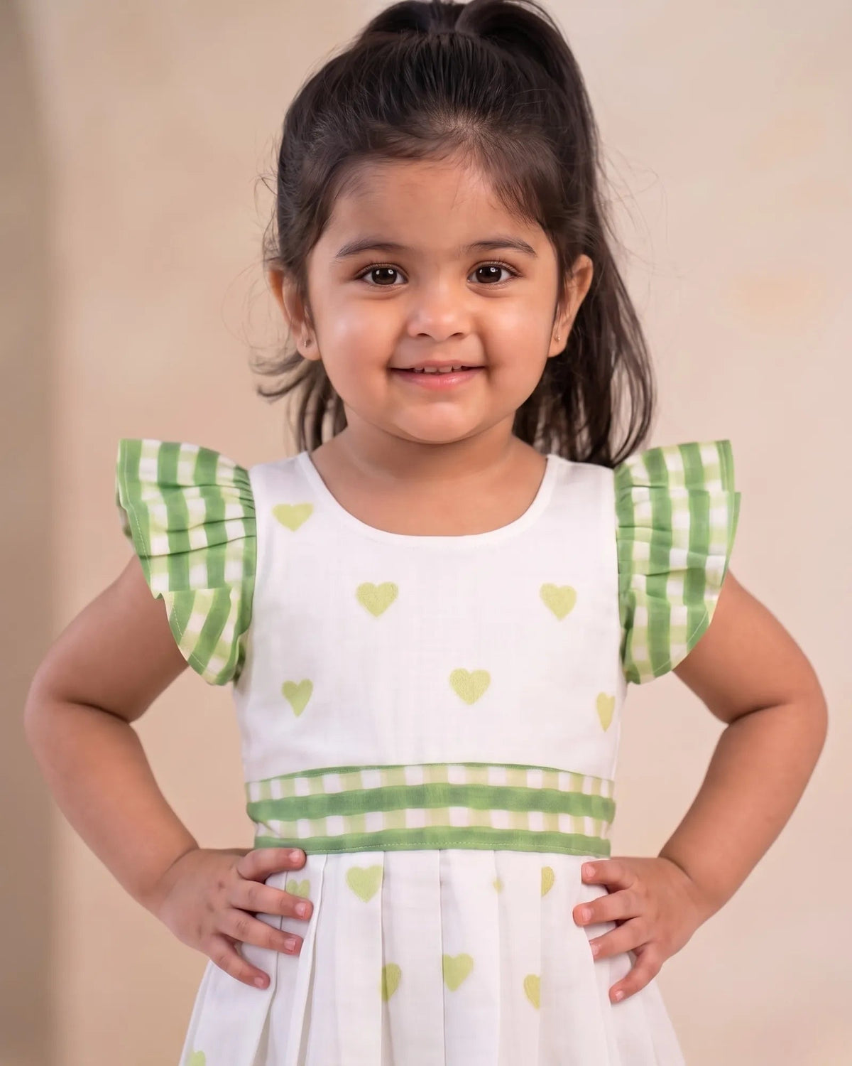 Girls White & Sage Green Heart Print Cotton Frock with Checked Ruffle Sleeves- CF454 for kids festival wear