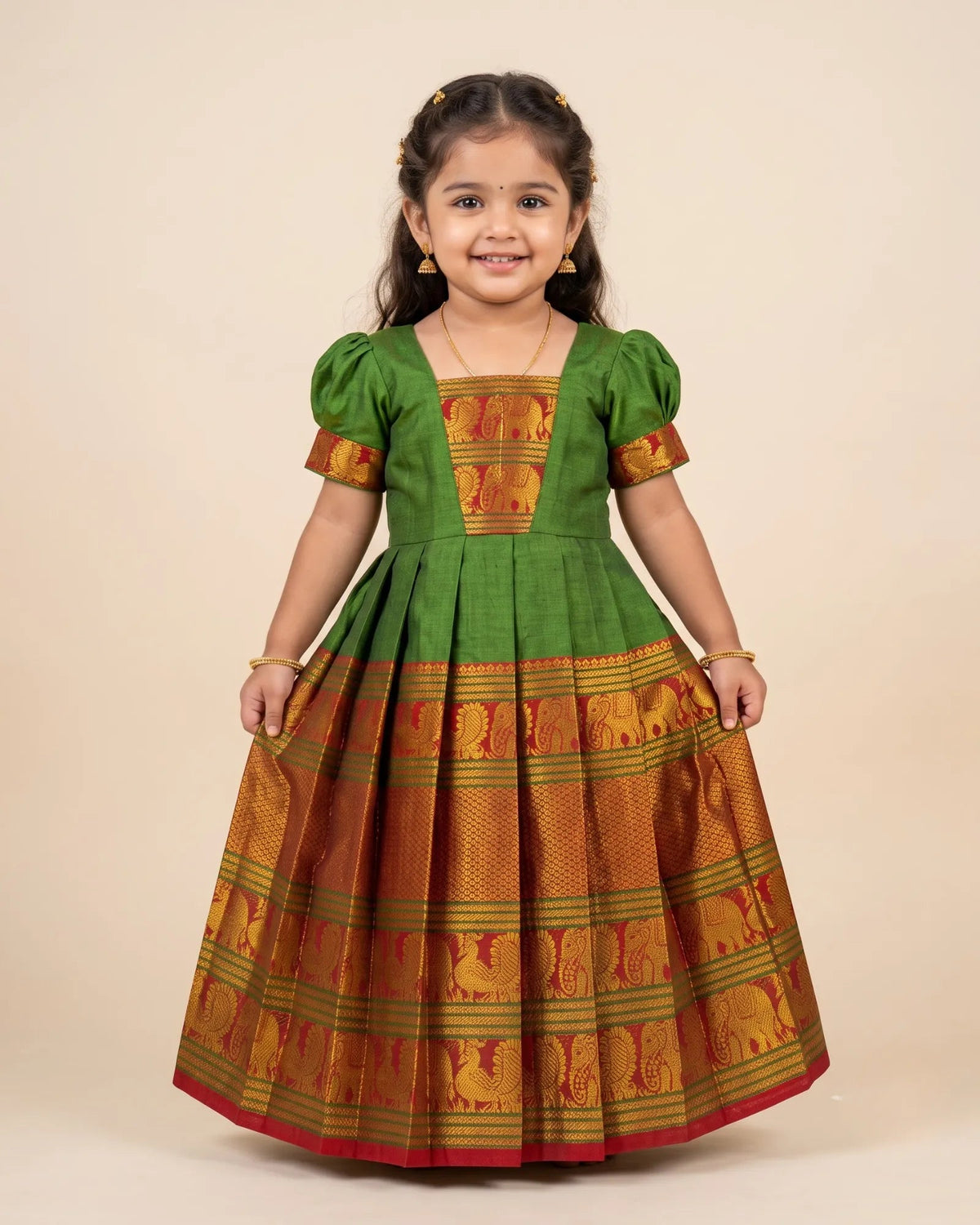 Green Kalyani Cotton Pattu Gown for Girls - Soft Pongal Festive Wear PG751 for kids festival wear